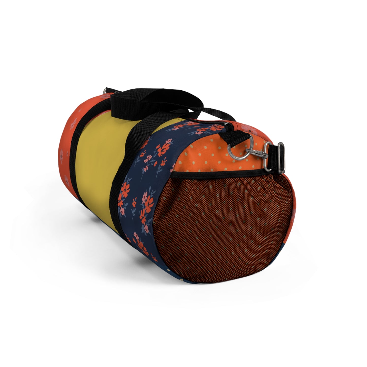 floral patchwork duffel bag angled brown end - colorful travel gym bag detail