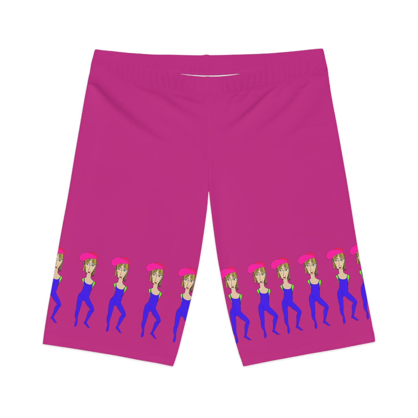 Flat lay of Cody High Waisted Yoga Shorts front side, pink with printed design
