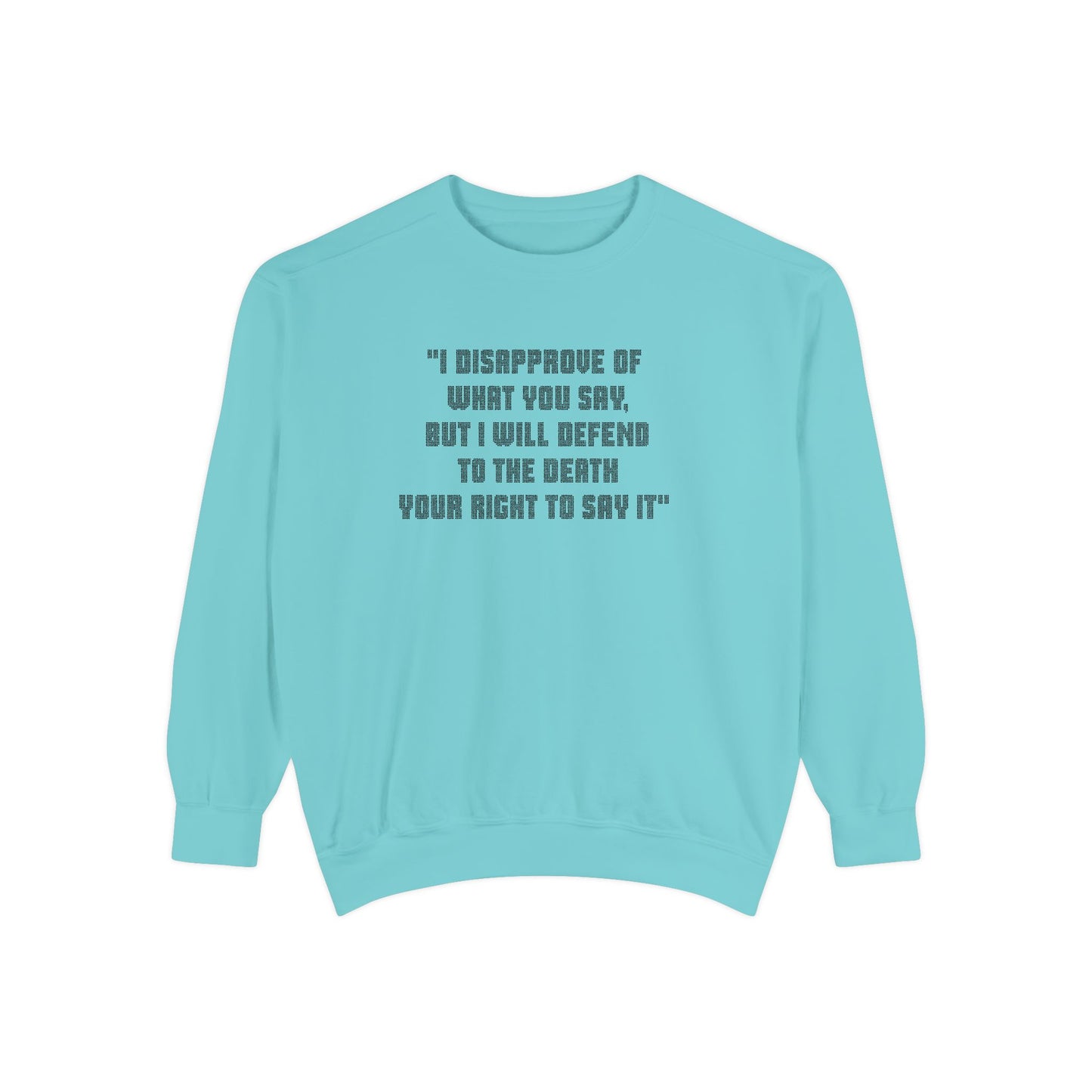 Aqua Freedom of Speech sweatshirt flat lay with bold quote text