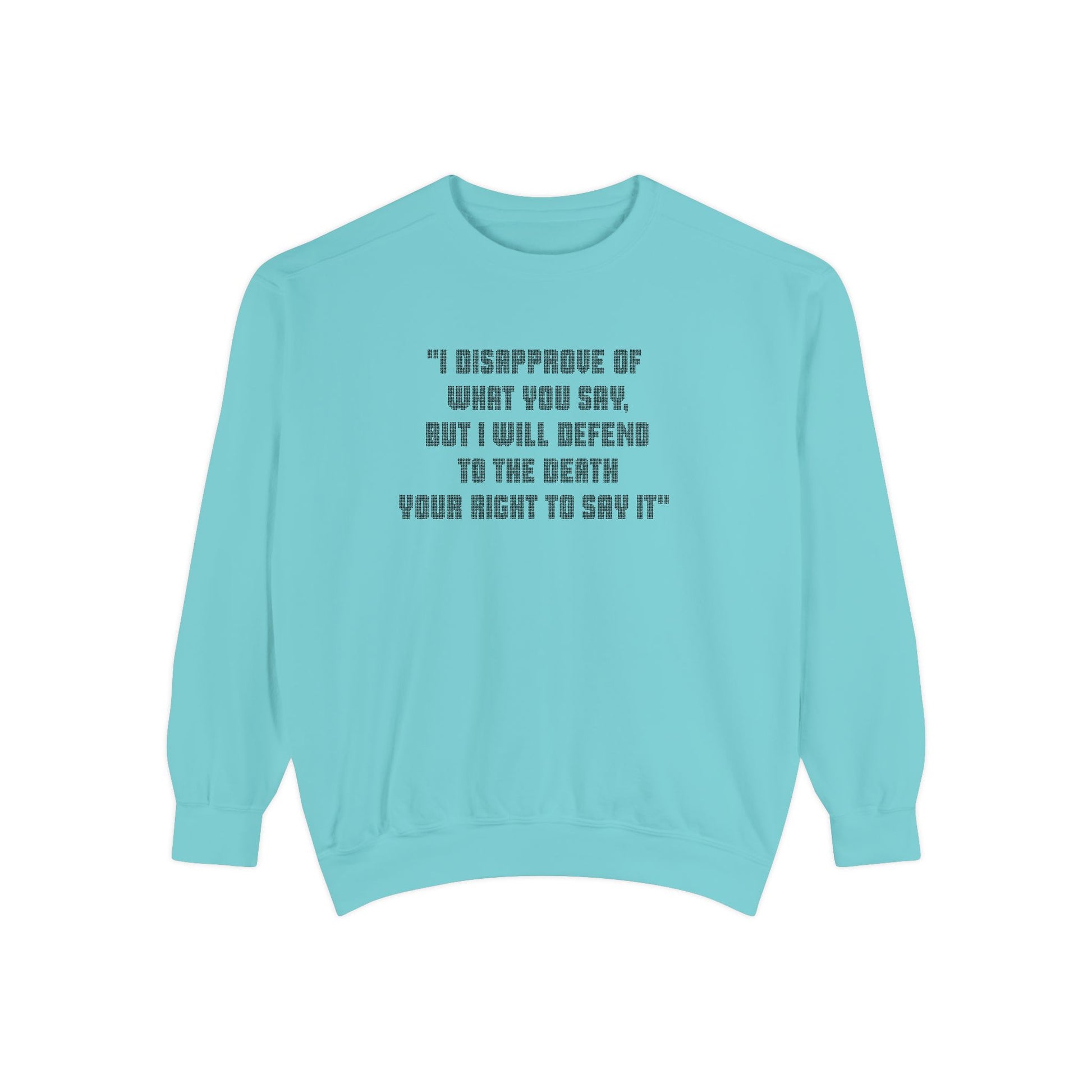 Aqua Freedom of Speech sweatshirt flat lay with bold quote text