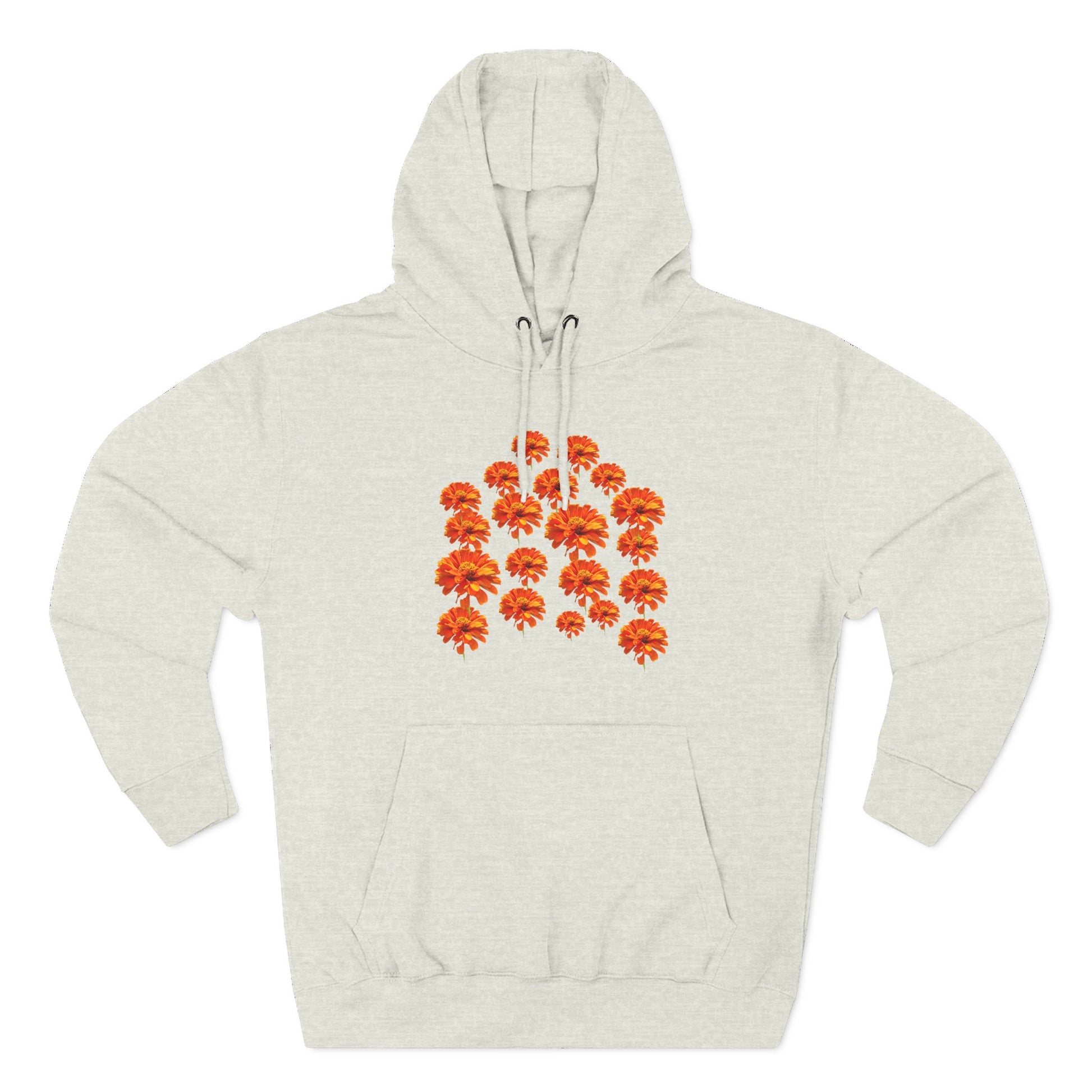 Light gray Zinnia Hoodie flat lay with orange flower design