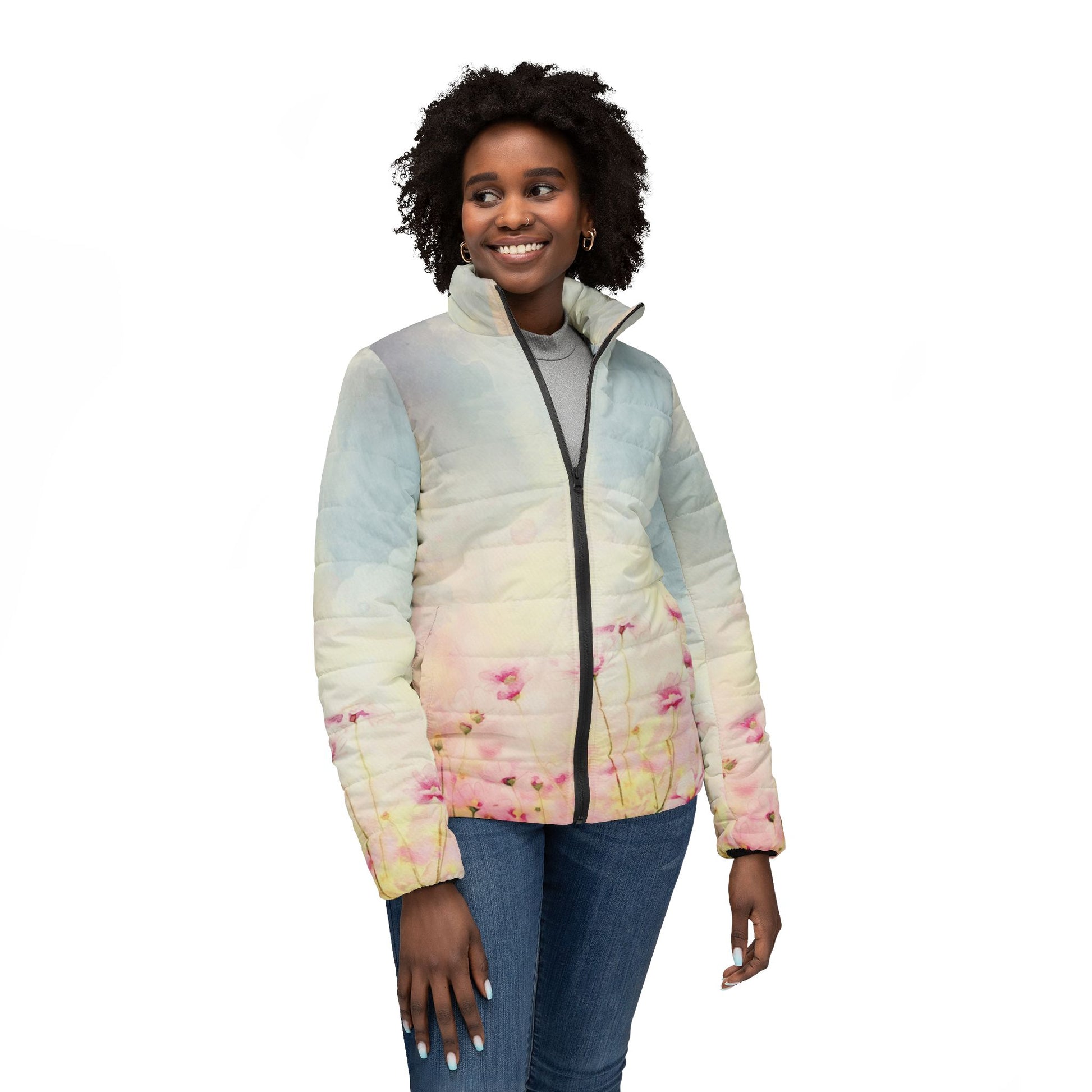 Model wearing Pink Amapola Women’s Puffer Jacket with floral design front view