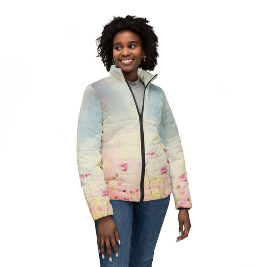 Model wearing Pink Amapola Women’s Puffer Jacket with floral design front view