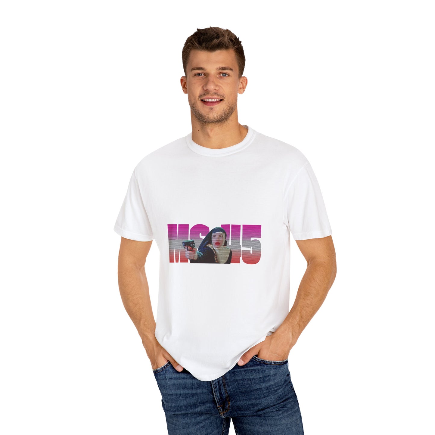 Man wearing white Ms.45 T-Shirt with movie-inspired print
