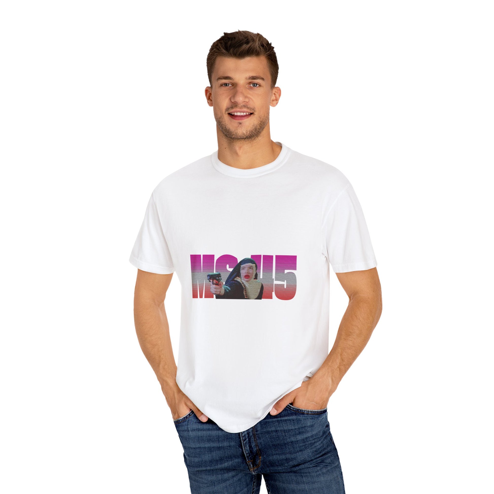 Man wearing white Ms.45 T-Shirt with movie-inspired print