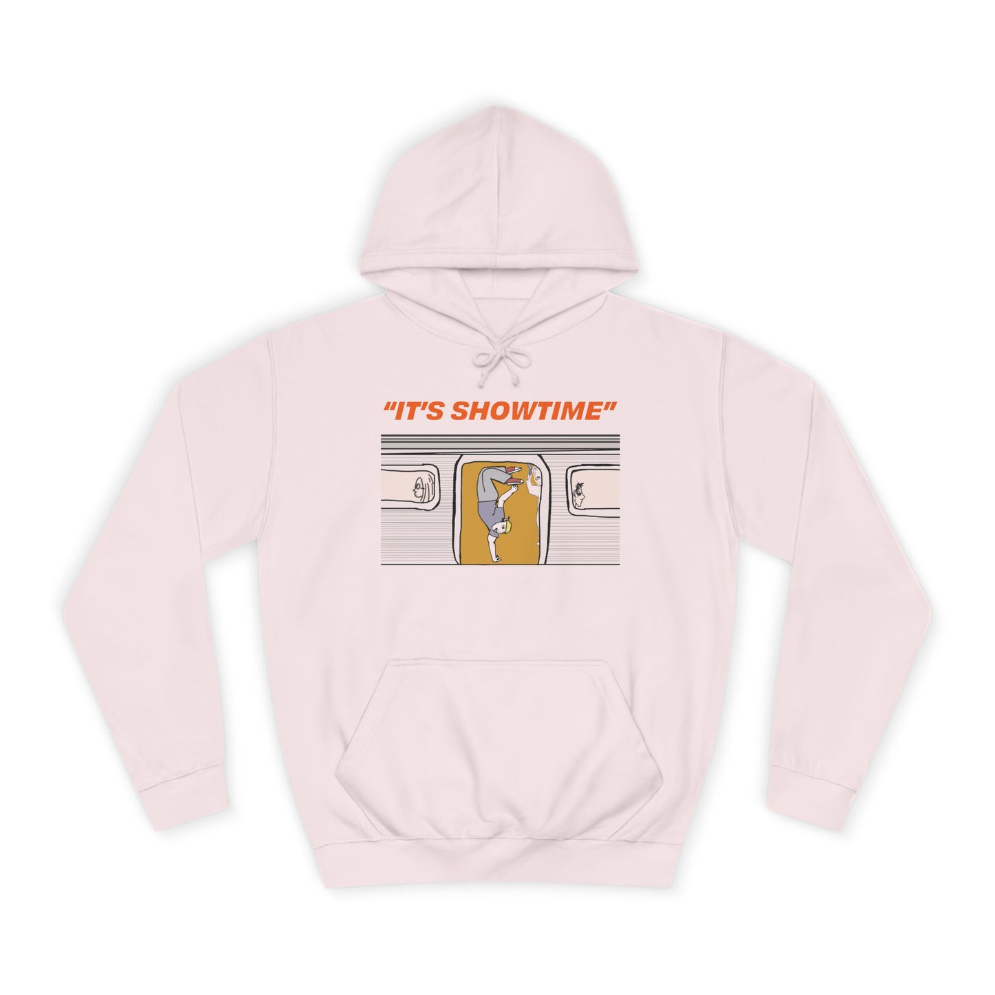 Pink It’s Showtime Hoodie with subway performer artwork on front.