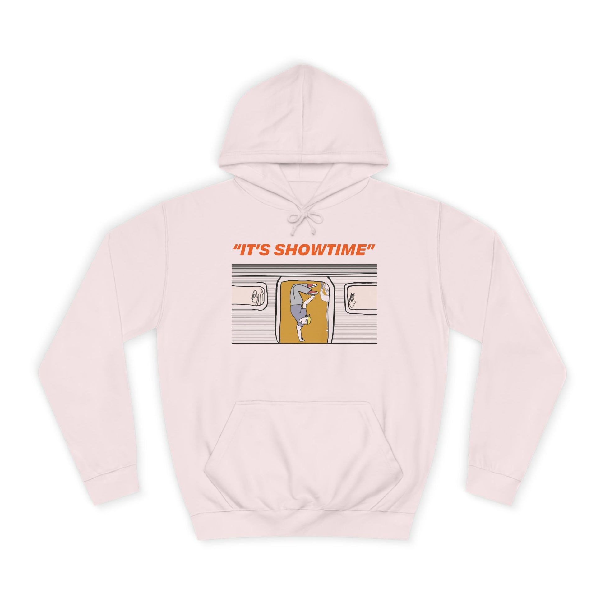 Pink It’s Showtime Hoodie with subway performer artwork on front.