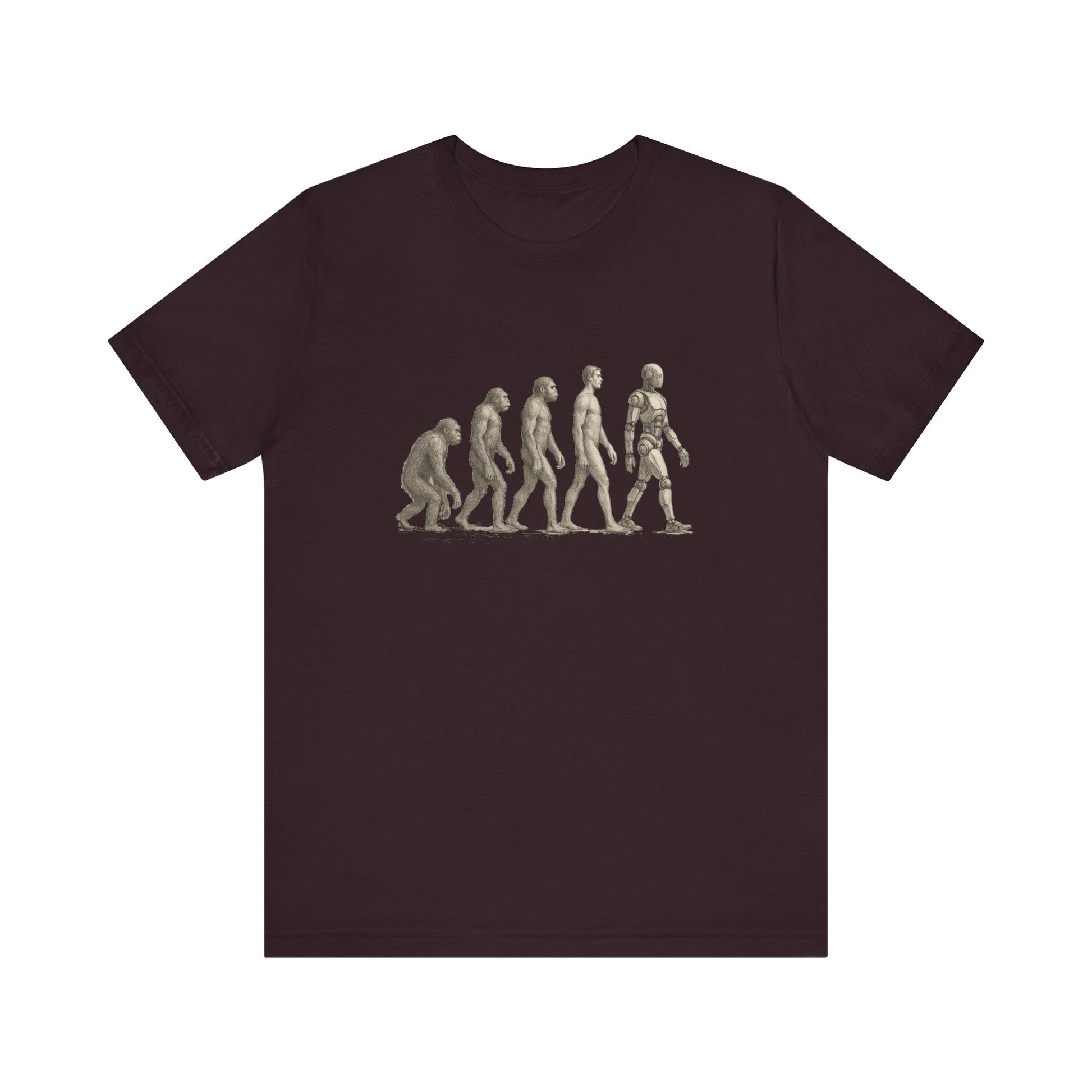 Brown t-shirt with a graphic of human evolution on a white background