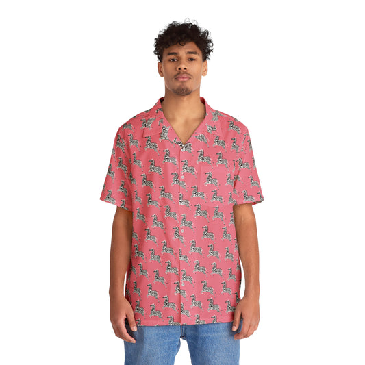 Man modeling the pink arcade zebra shirt facing forward, standing against a white background.