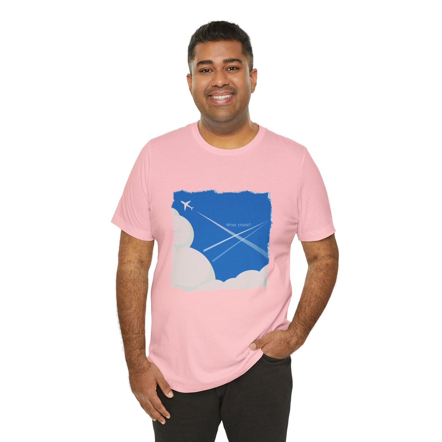 Man wearing a pink t-shirt with a graphic design on a white background