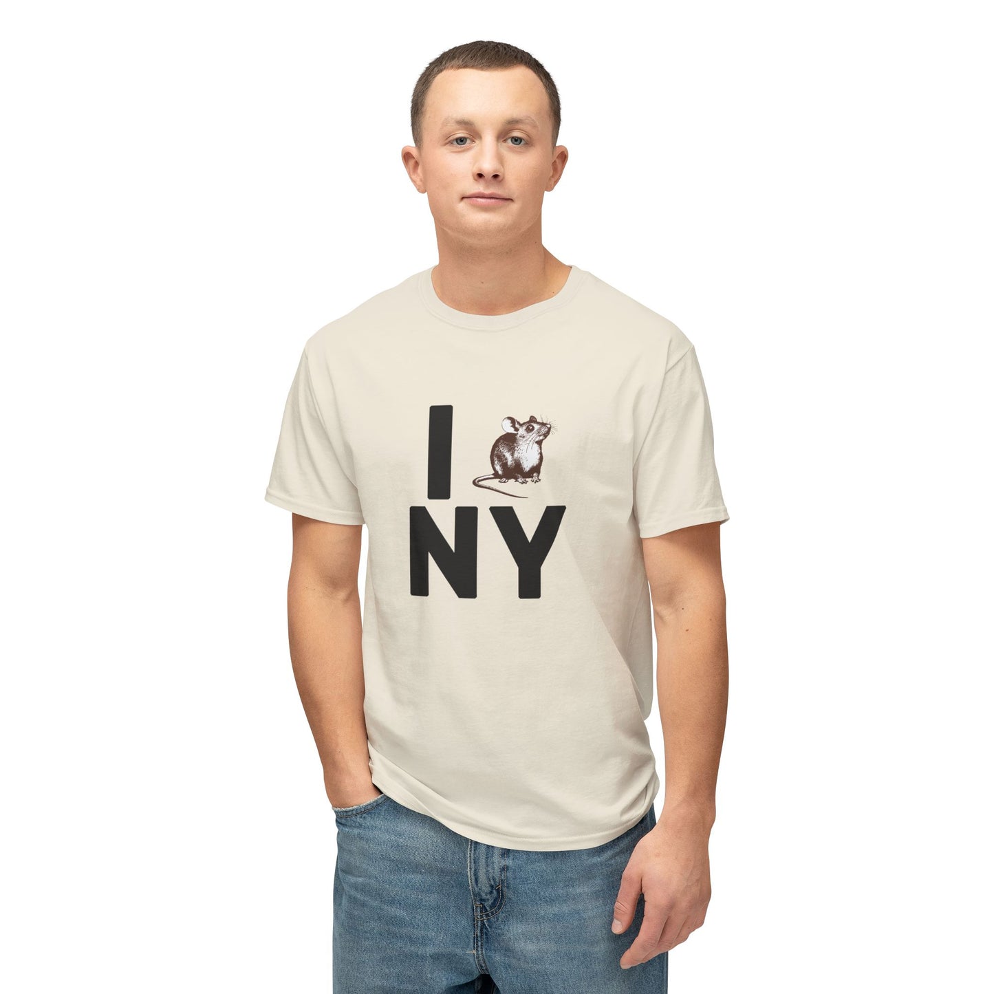 Male model wearing cream NY RAT T-Shirt with bold parody rat design.
