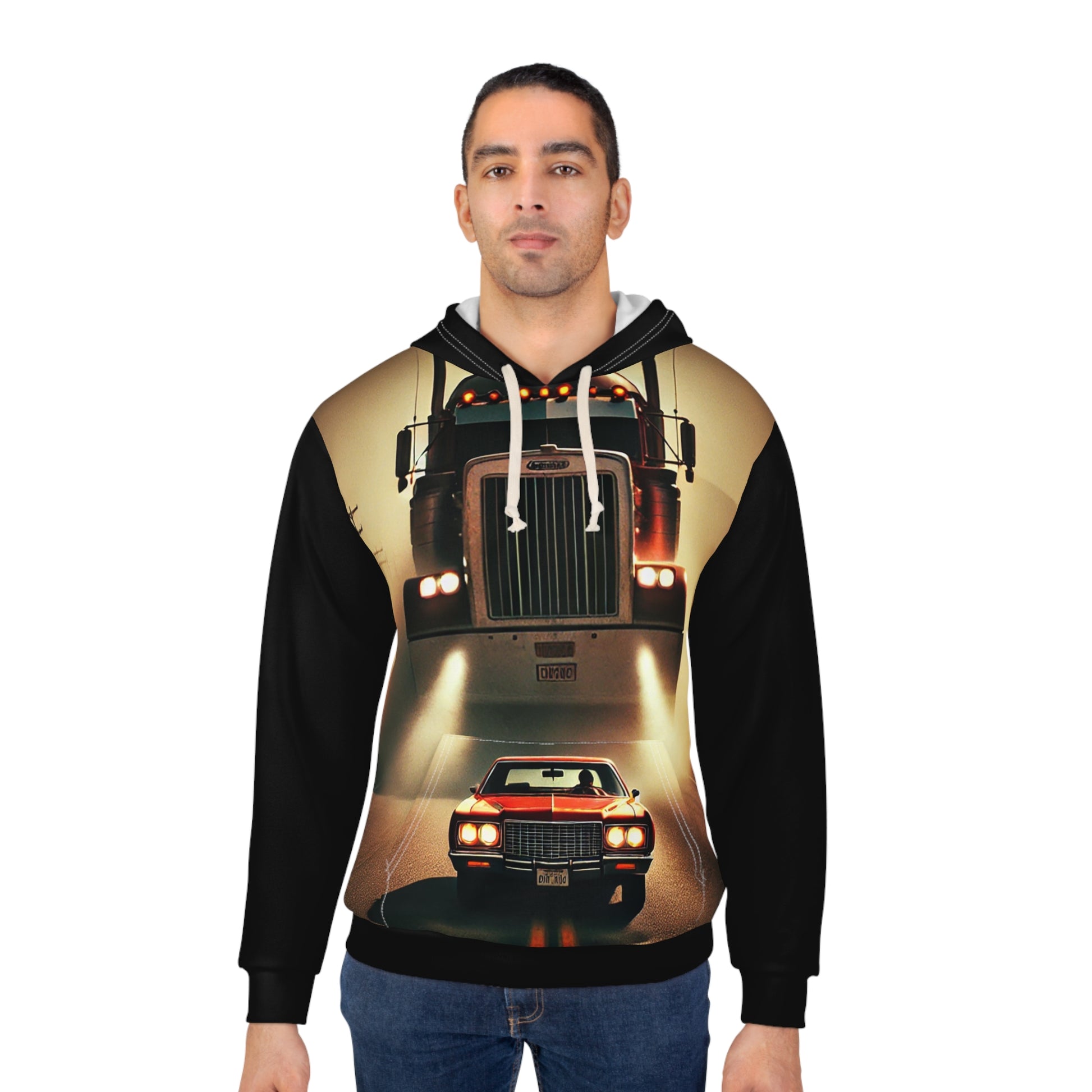 Male model wearing The Duel Unisex Pullover Hoodie featuring truck and car chase graphic