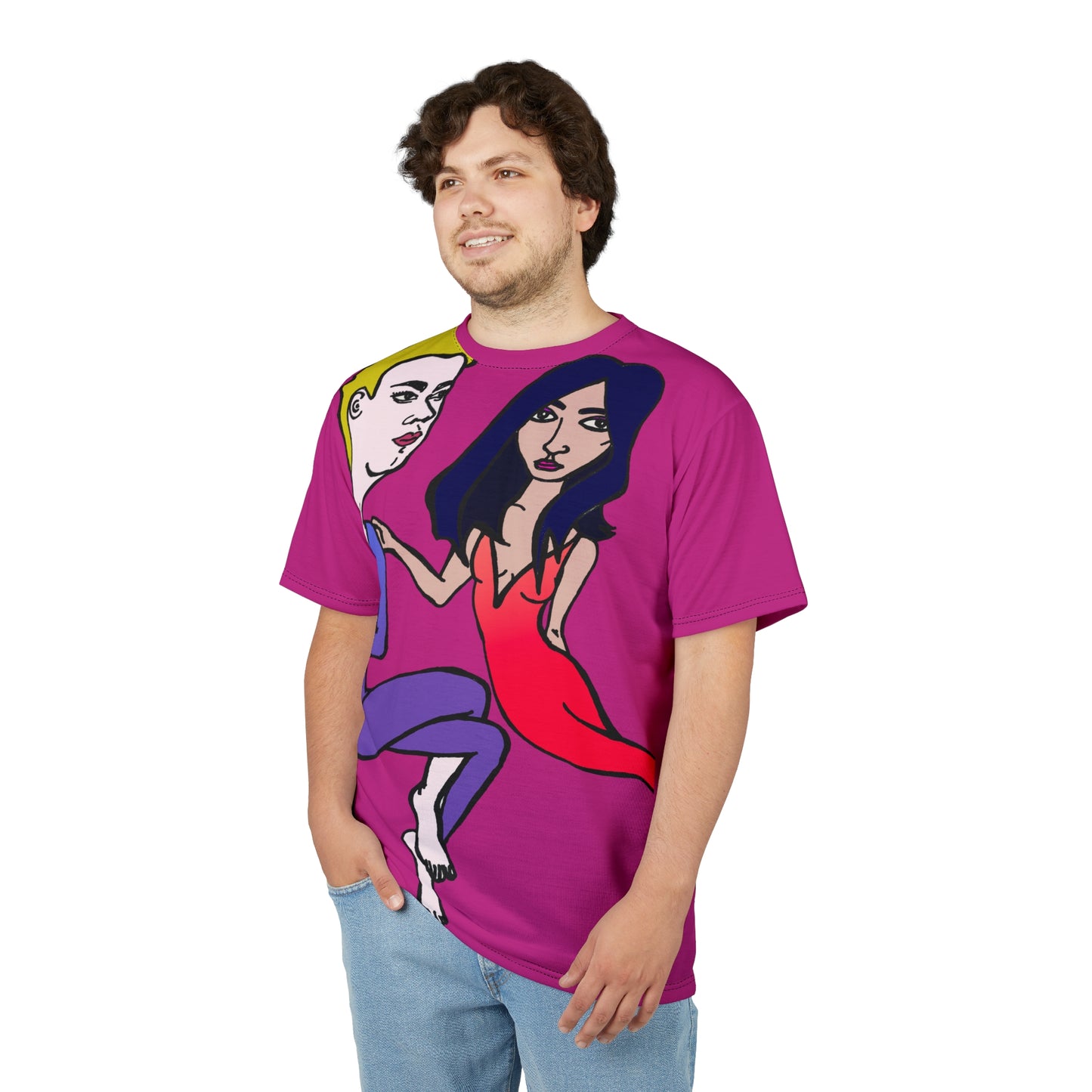 Male model smiling while wearing the Julia and Marcus Unisex T-Shirt, highlighting the fun character design and comfortable fit.