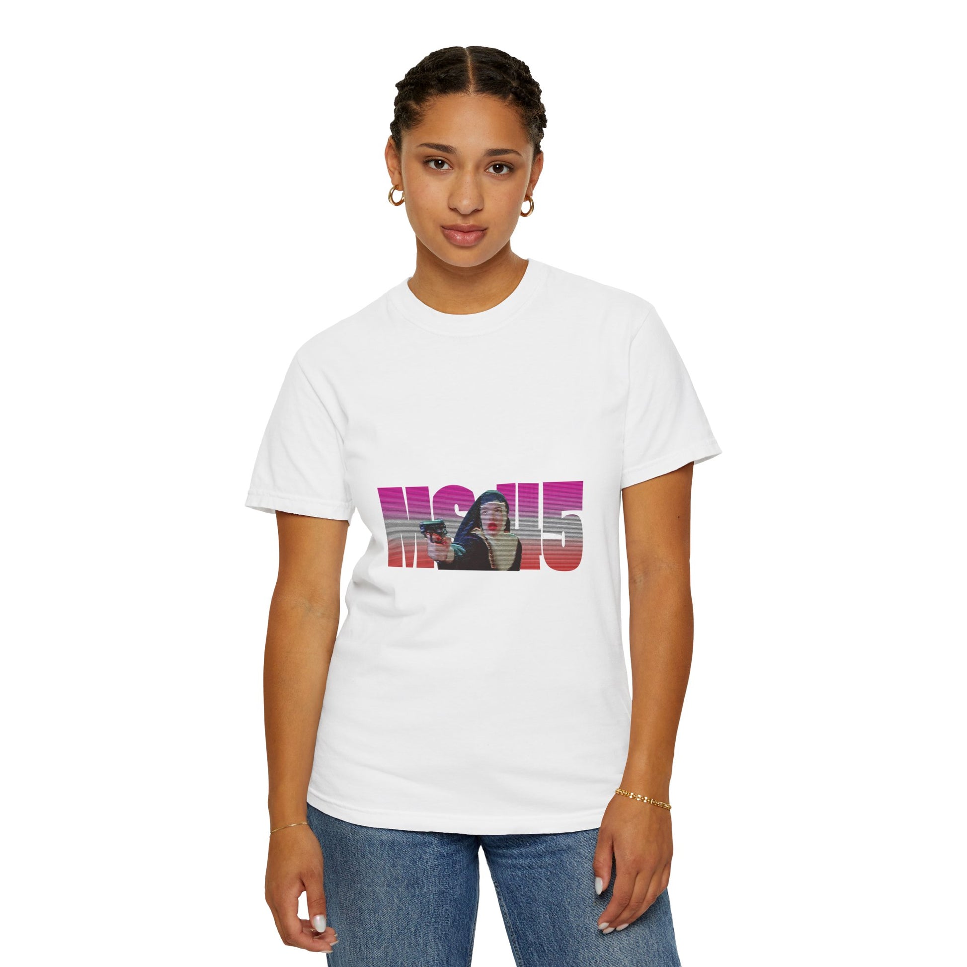 Woman wearing white Ms.45 T-Shirt with movie-inspired print