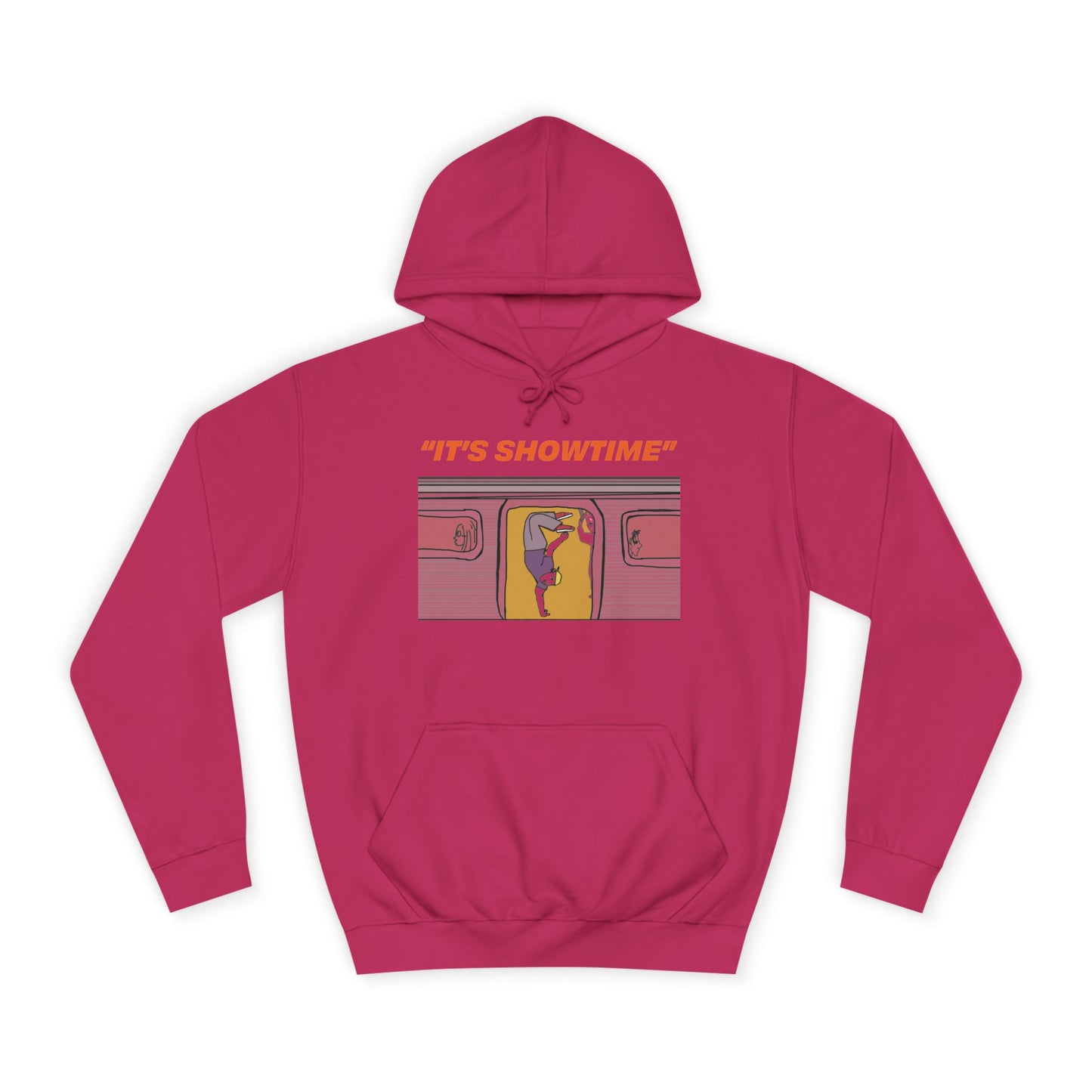 Dark pink It’s Showtime Hoodie with subway performer artwork on front.