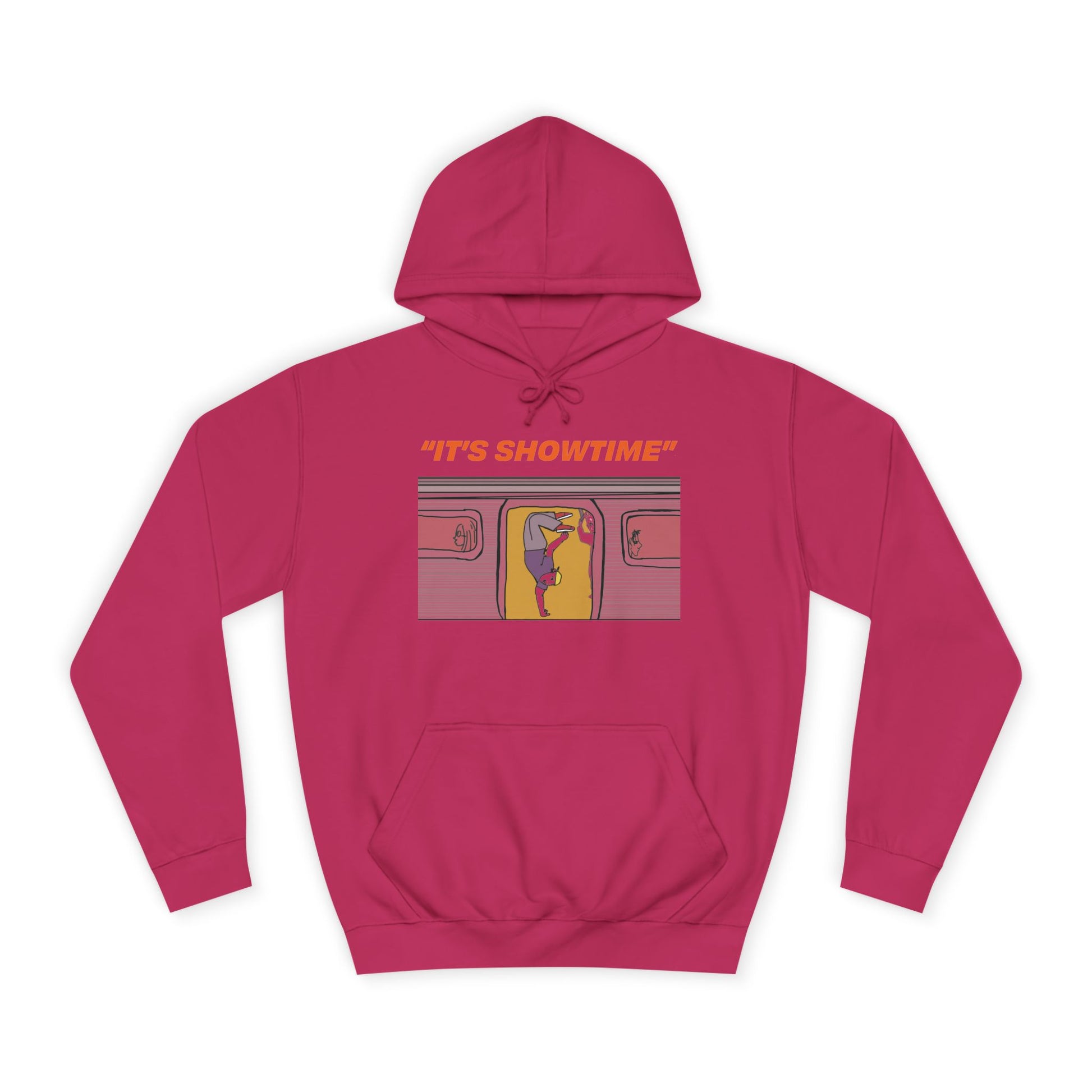 Dark pink It’s Showtime Hoodie with subway performer artwork on front.