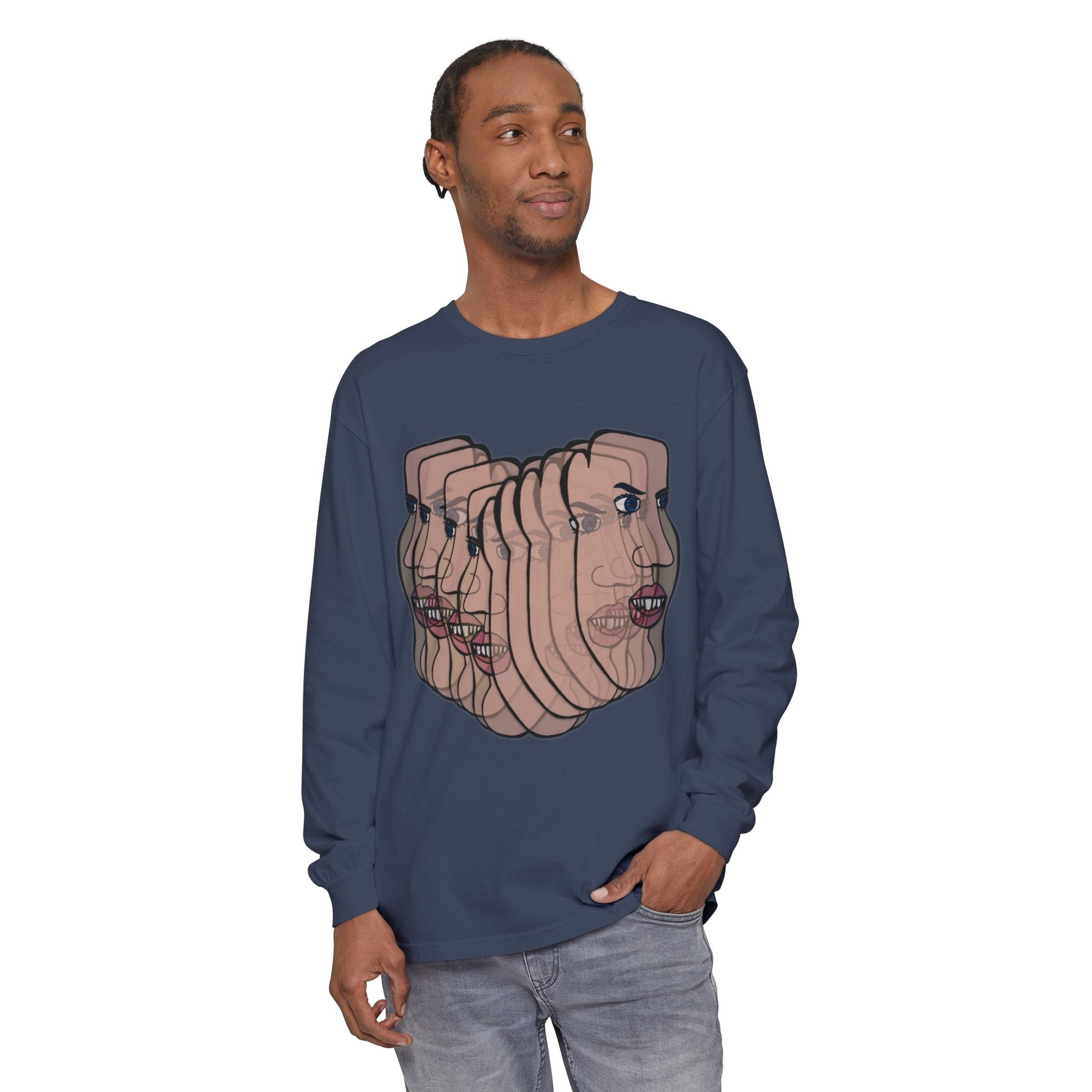 Male model wearing Charlie Long Sleeve T-Shirt in navy blue
