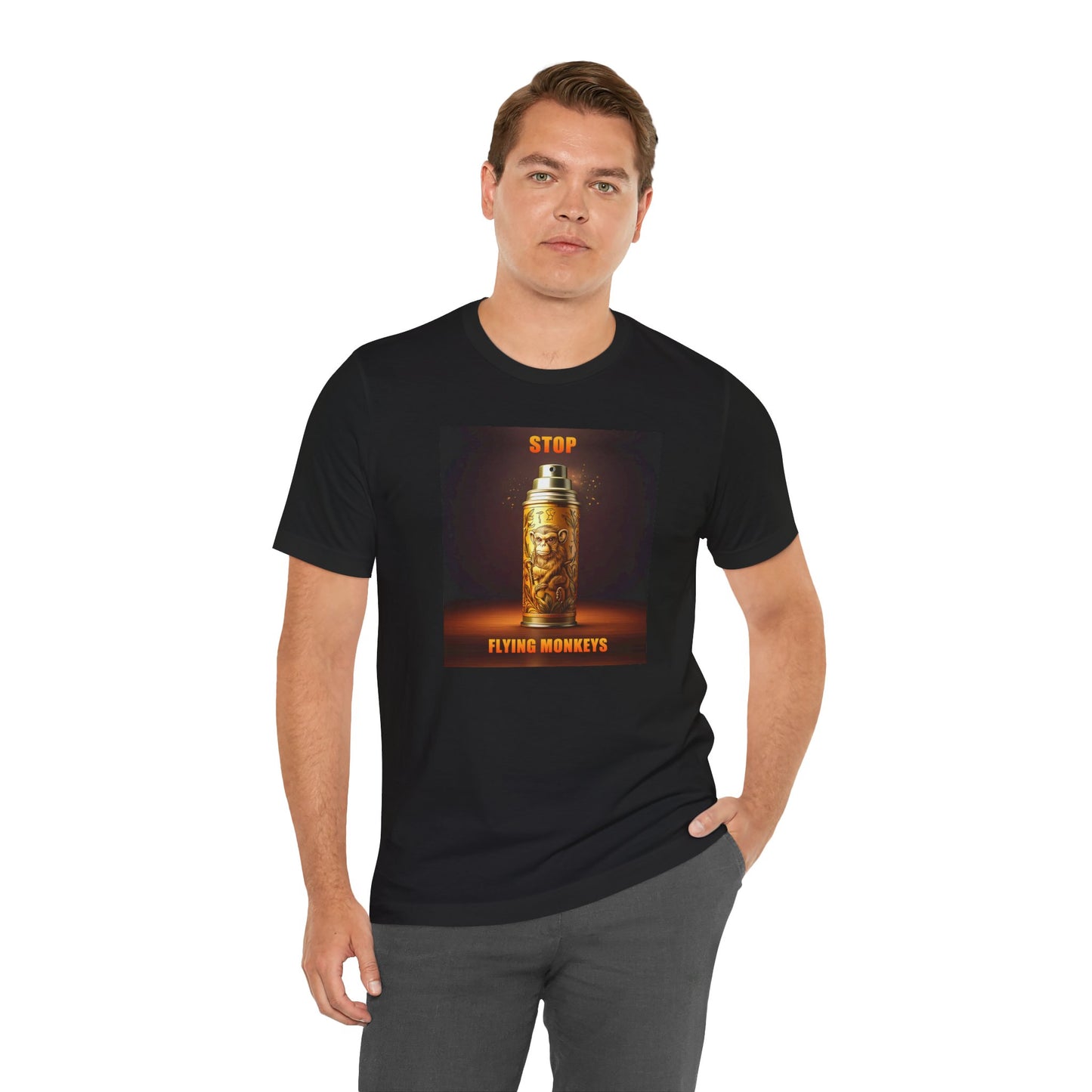 Man wearing black Stop Flying Monkeys T-Shirt posing casually