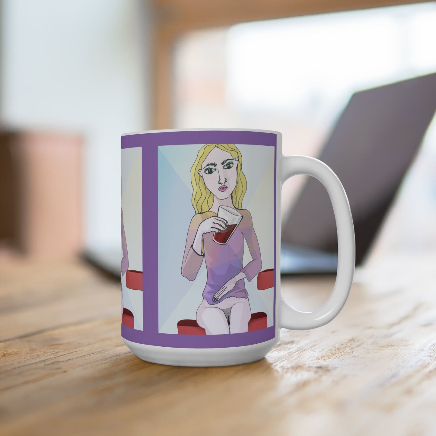 Ceramic mug with hand-drawn illustration of a blonde woman holding a drink, wearing a lavender outfit and seated on a red stool, with a pastel background and purple accents.