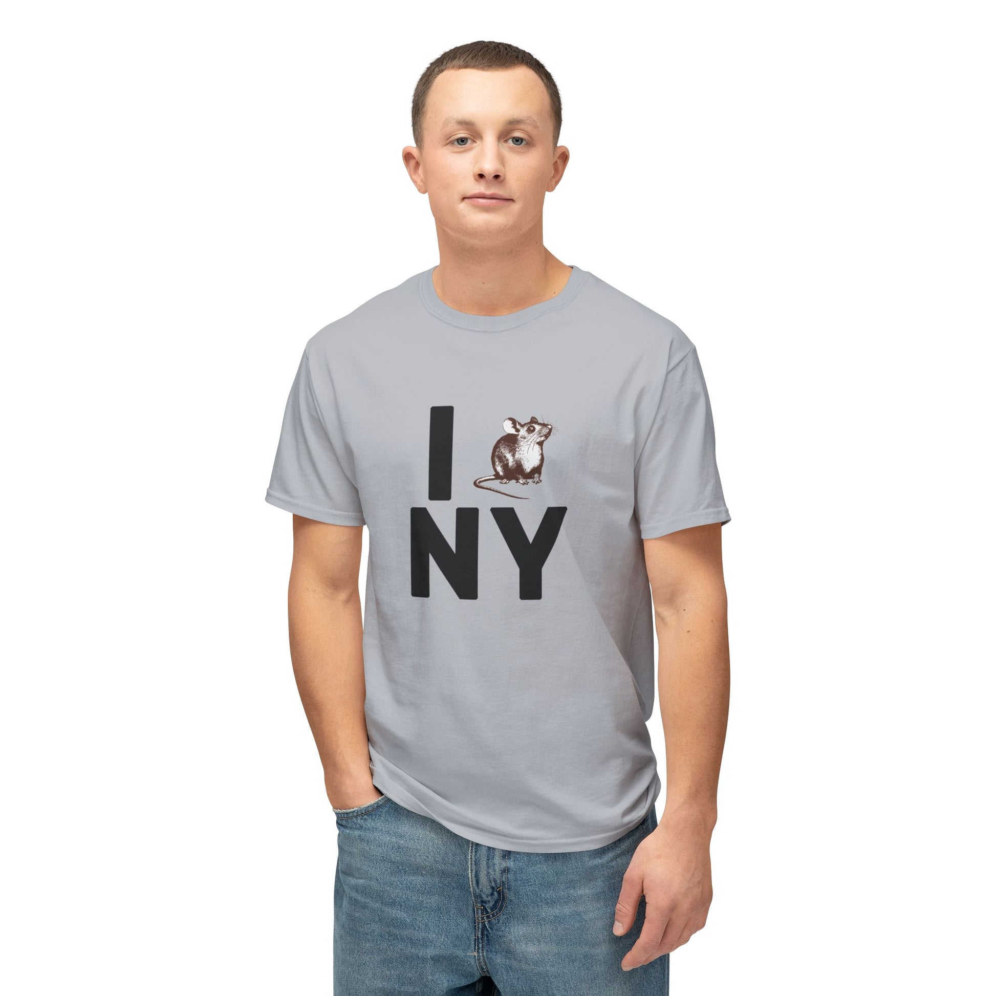Male model wearing gray NY RAT T-Shirt with bold rat parody print.