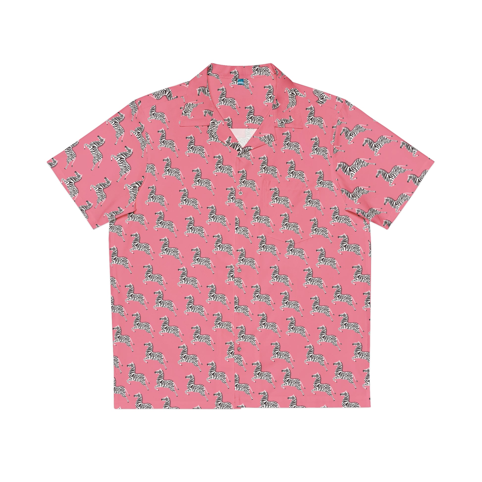 Men's Zebra Print Shirt featuring a black and white zebra pattern on a pink background, short-sleeve button-up design, and lightweight fabric for summer fashion.