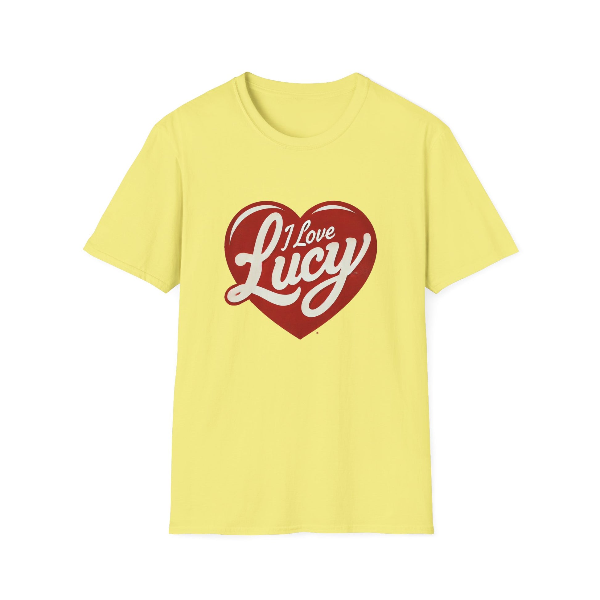 A person wearing a red crew neck t-shirt with a heart logo that has the text 'I Love Lucy' on it.