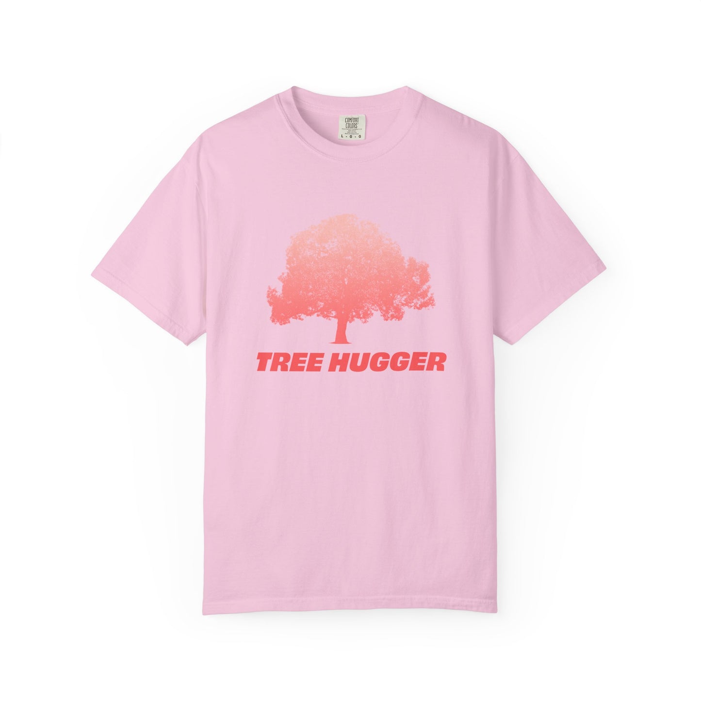 Pink Tree Hugger T-shirt flat lay with red tree graphic