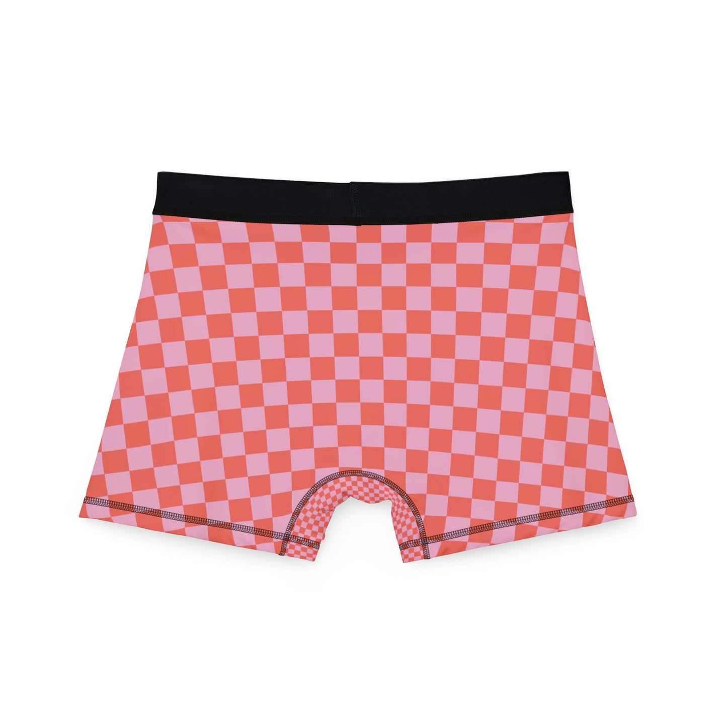 Flat lay rear view of boxer briefs showing full checkered print design and black waistband.