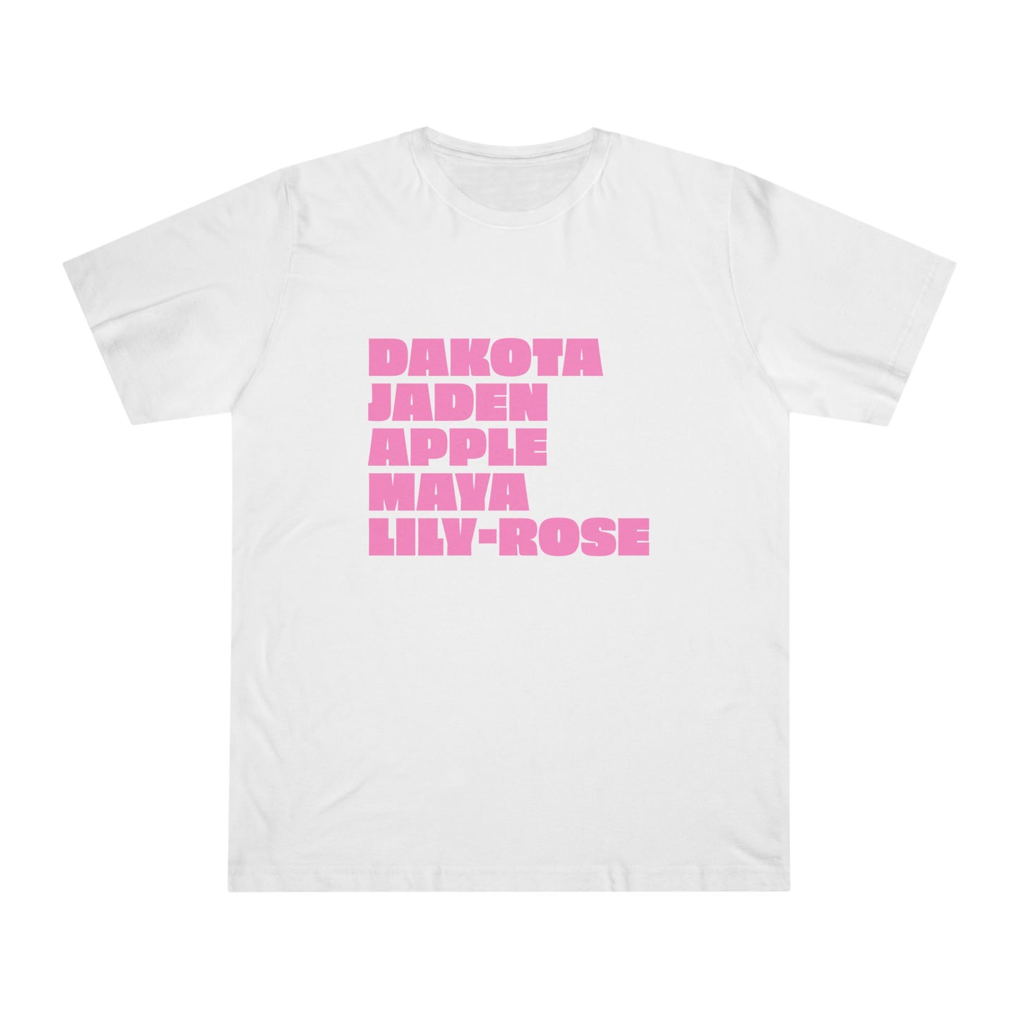 White Nepo Babies List T-Shirt with pink lettering displayed flat