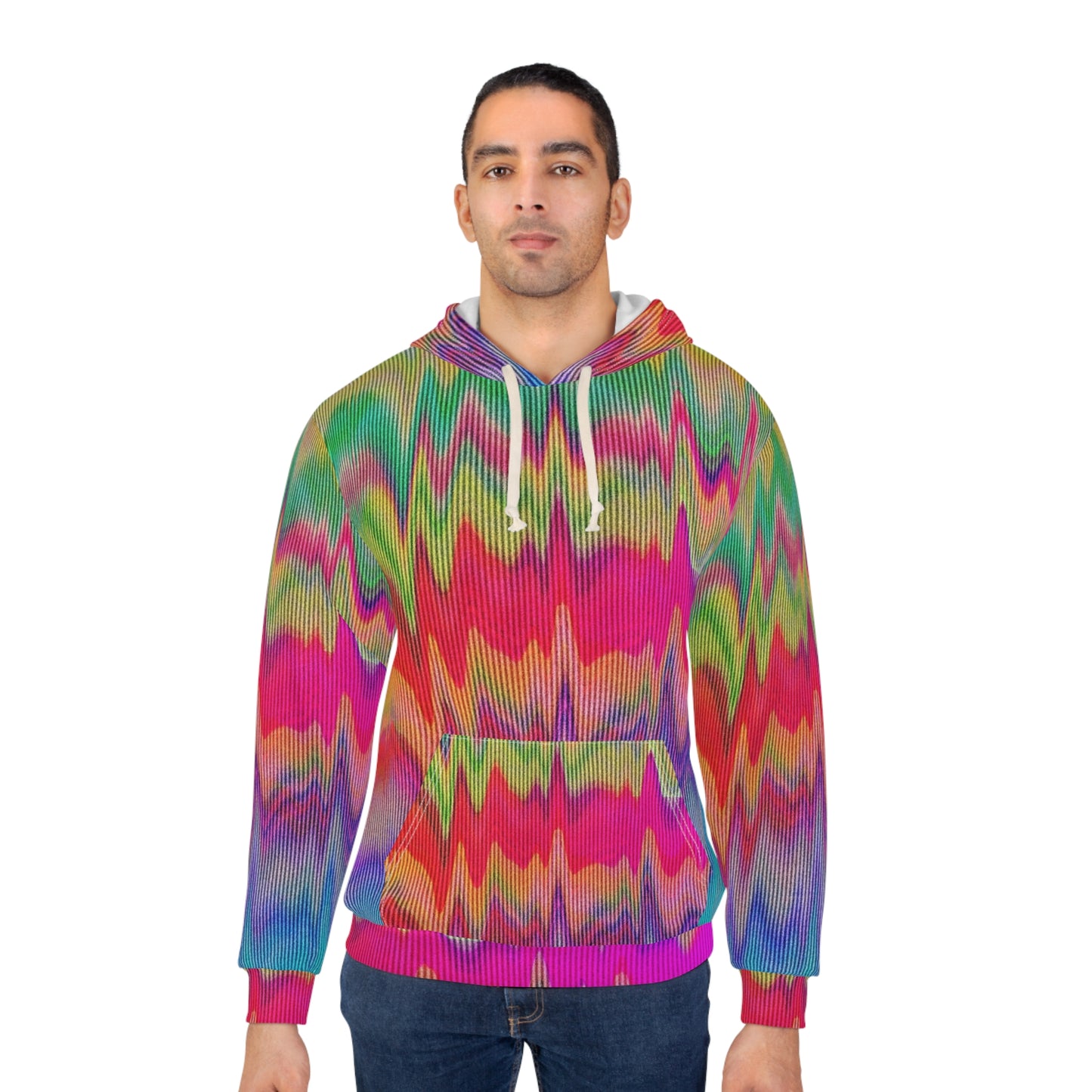 11:11 Unisex Hoodie worn by man, front view with rainbow vortex graphic
