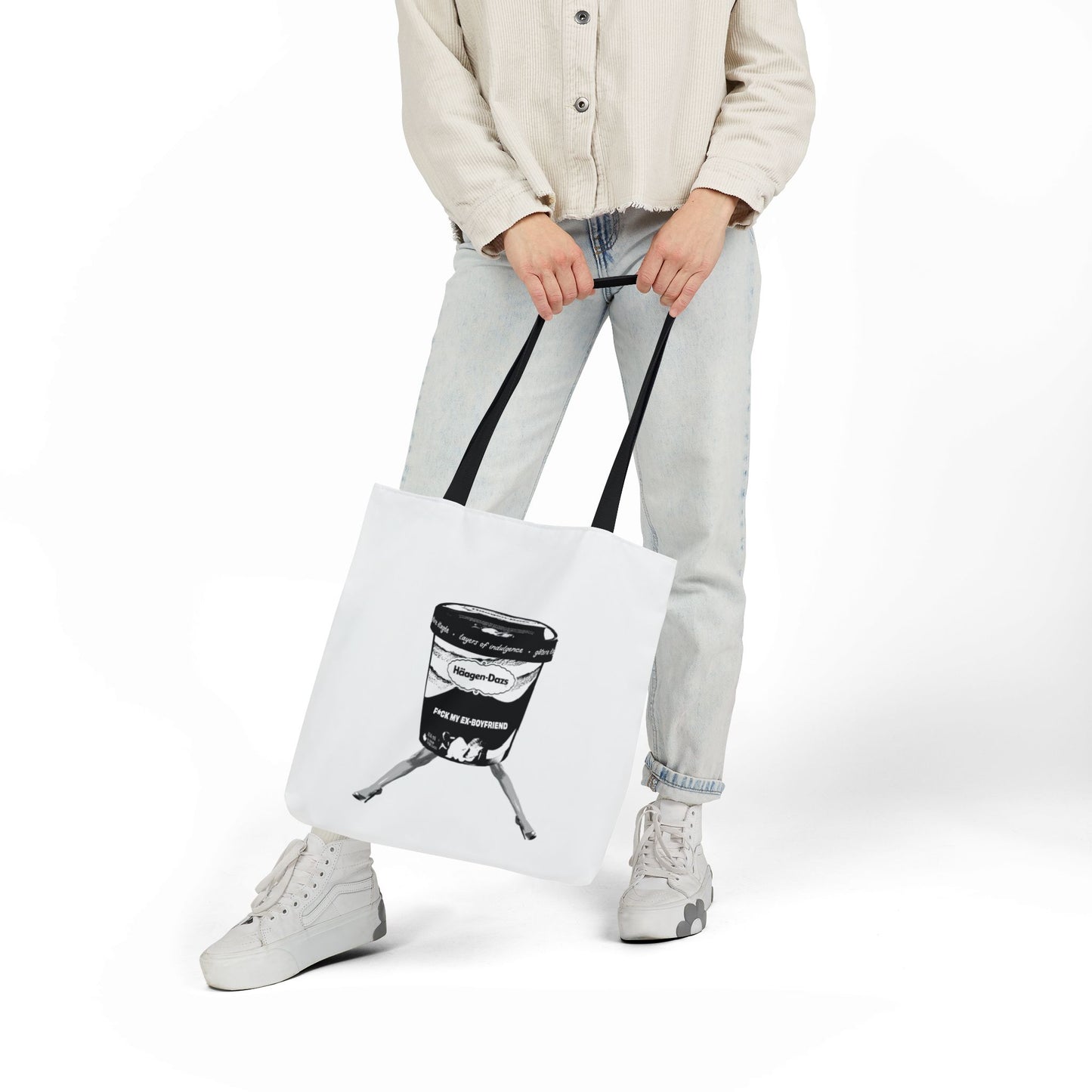 Model holding F*ck My Ex Boyfriend Tote Bag with black straps by her side