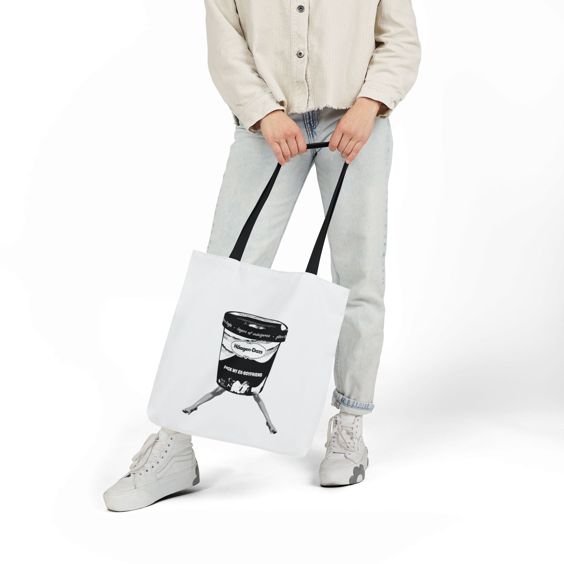 Model holding F*ck My Ex Boyfriend Tote Bag with black straps by her side