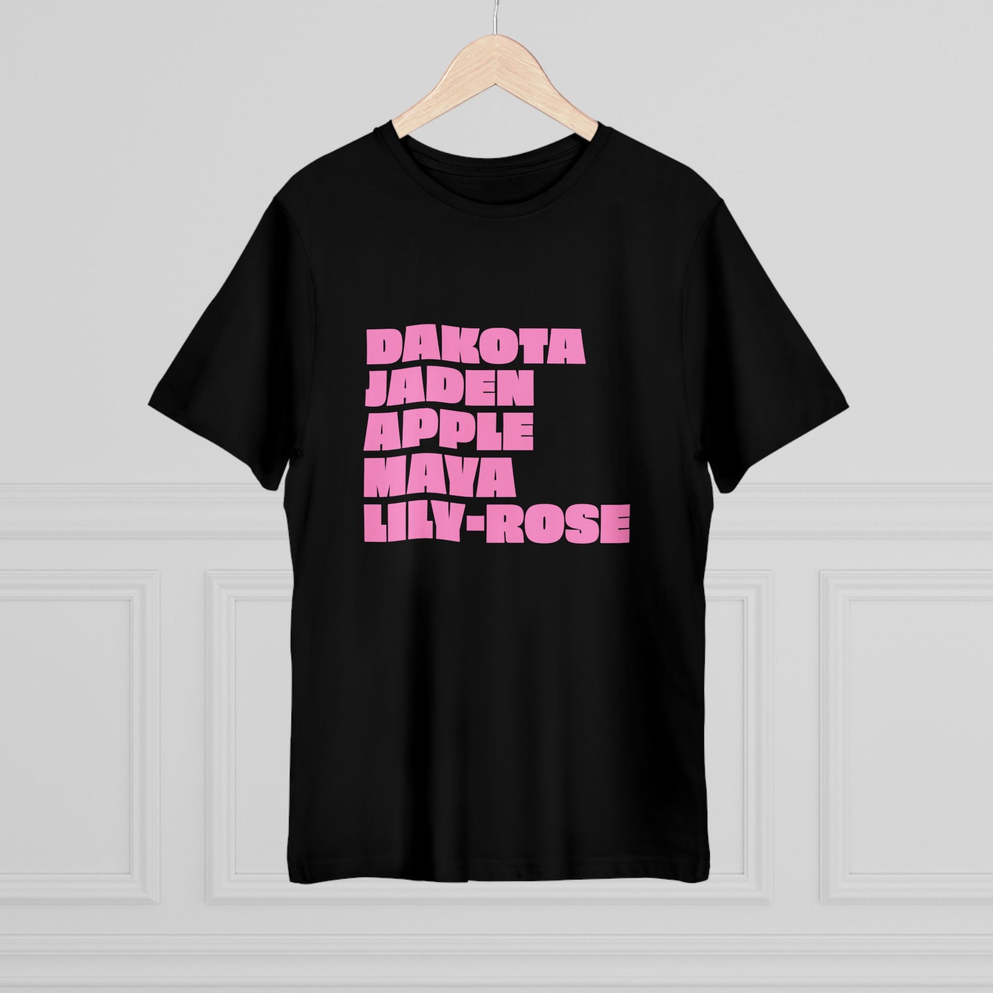 Black Nepo Babies List T-Shirt with pink lettering worn by female model