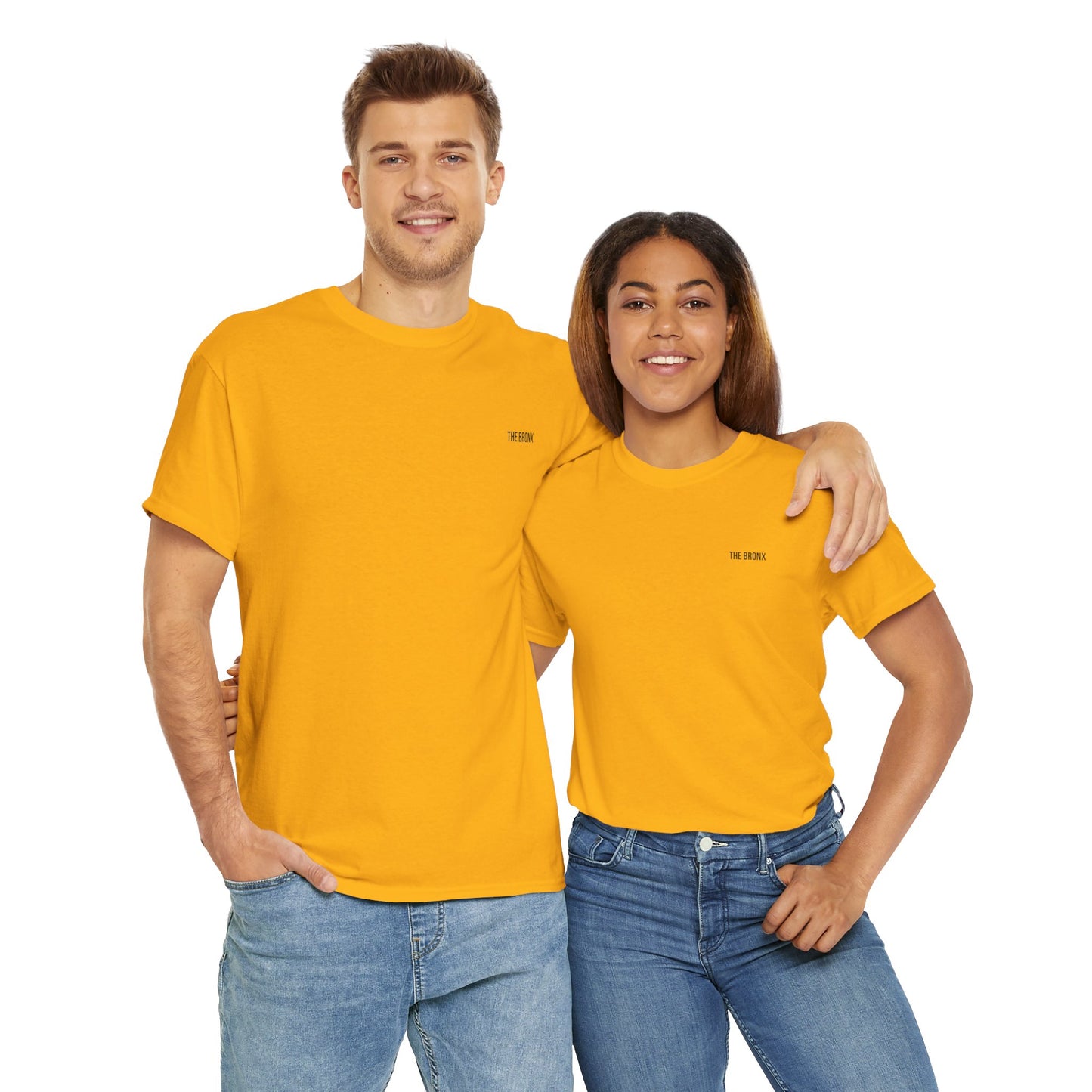 Smiling couple wearing The Bronx T-Shirt in mustard yellow, side by side