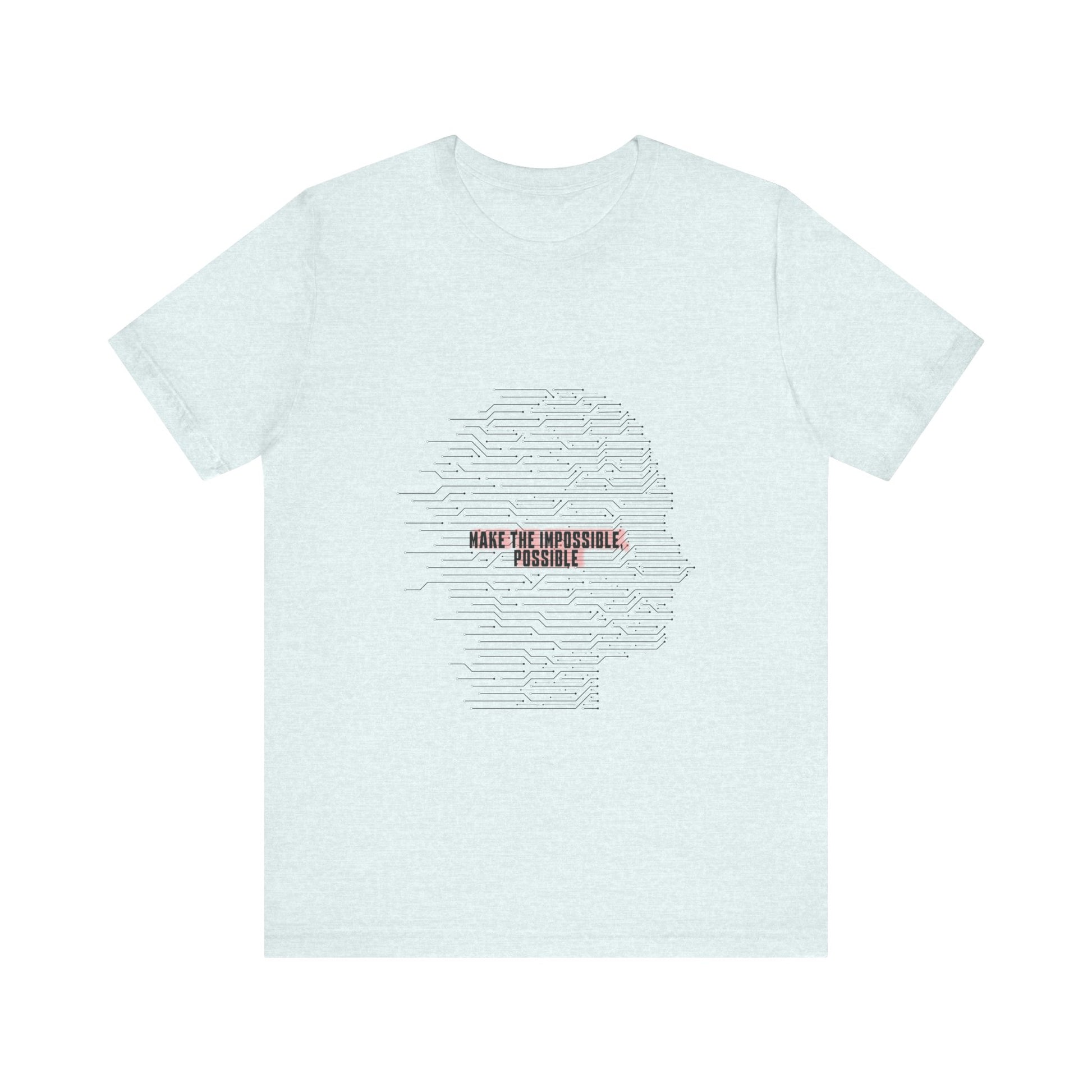 Light blue Make It Possible T-Shirt flat lay with empowering message.