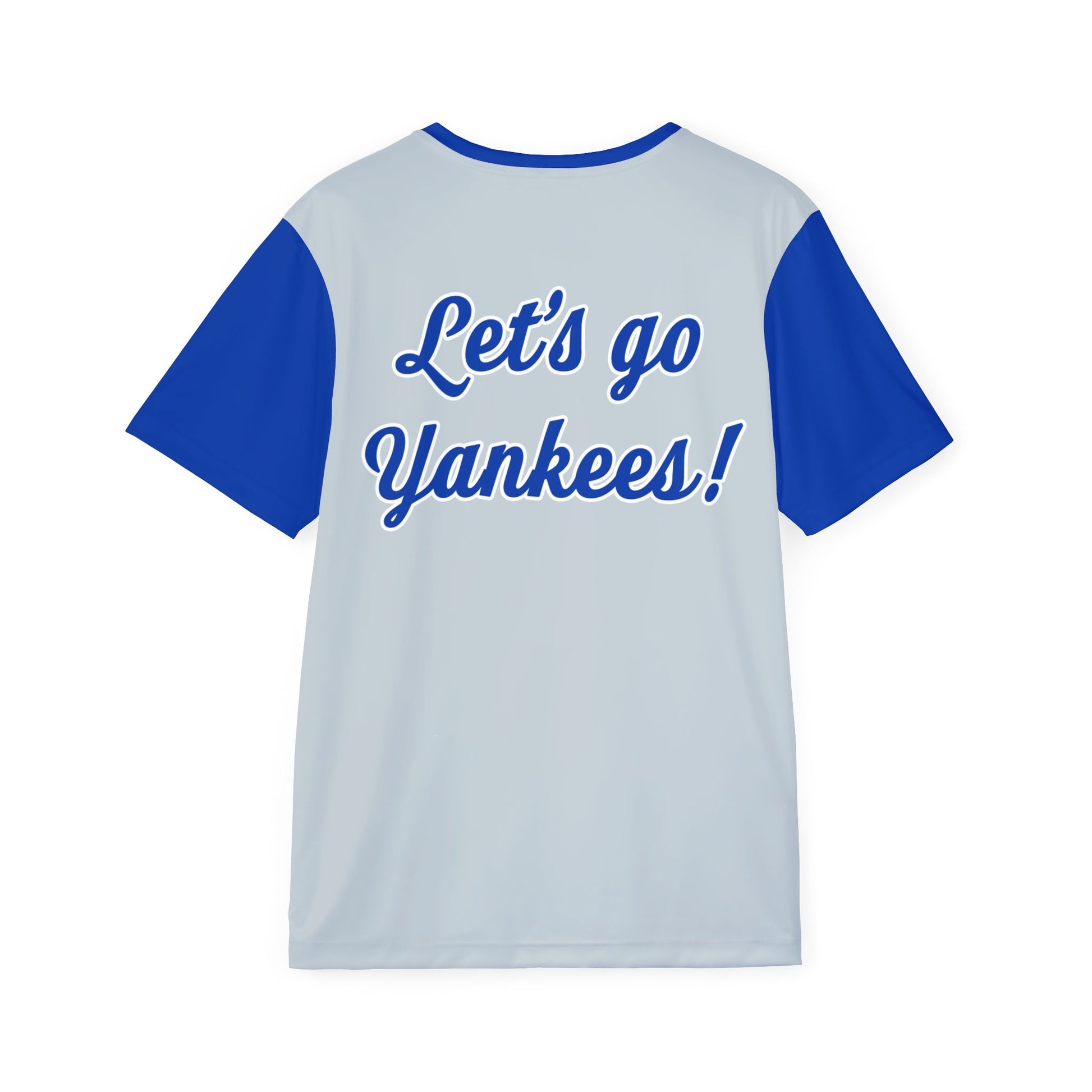 Flat lay of back of Let's Go Yankees men's sports jersey showing “Let’s go Yankees!” text in blue