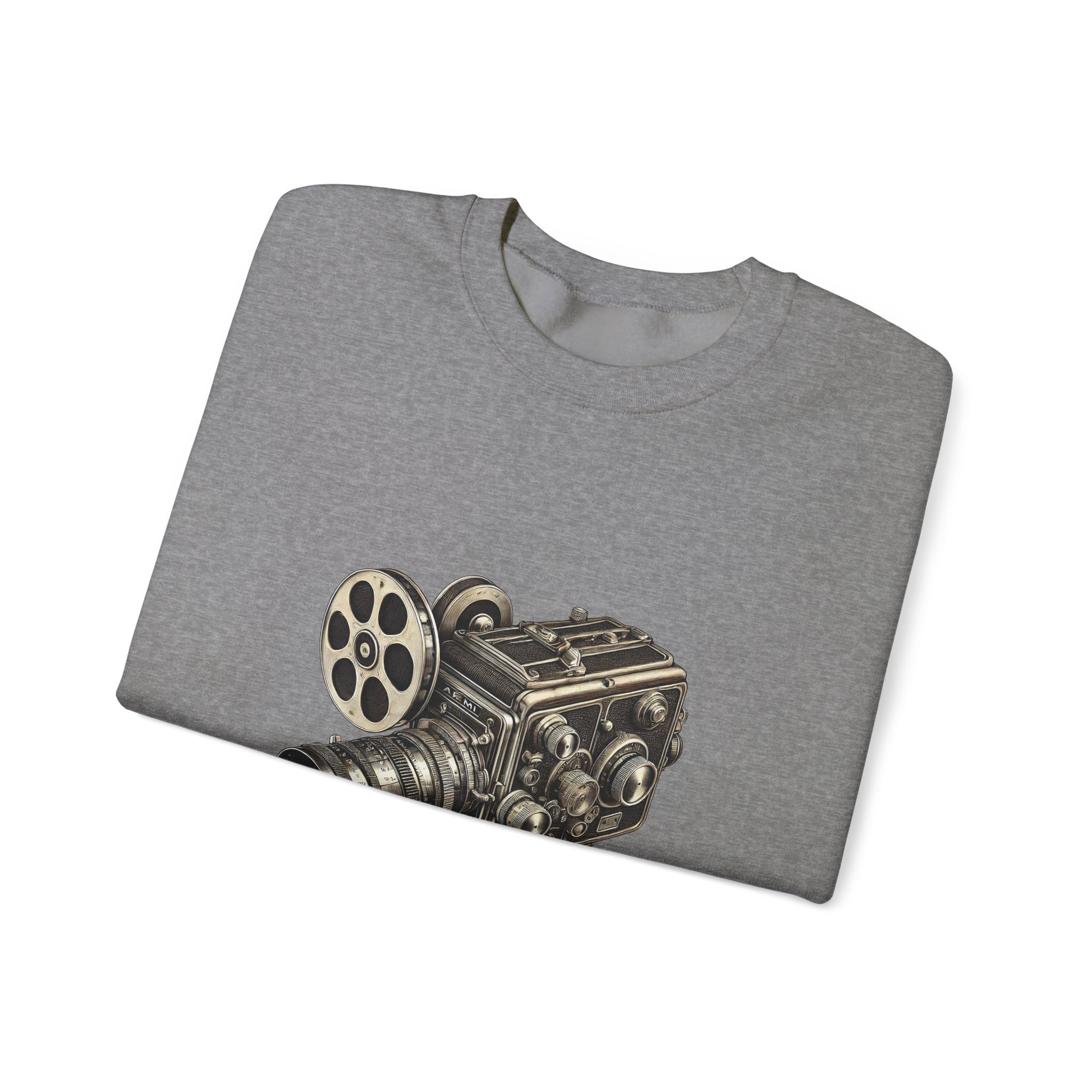 Gray Film Camera Sweatshirt folded neatly, showcasing graphic print on front.