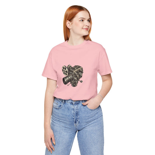 Vintage 16mm Camera T-Shirt featuring a detailed illustration of a retro film camera, perfect for movie lovers and filmmakers.