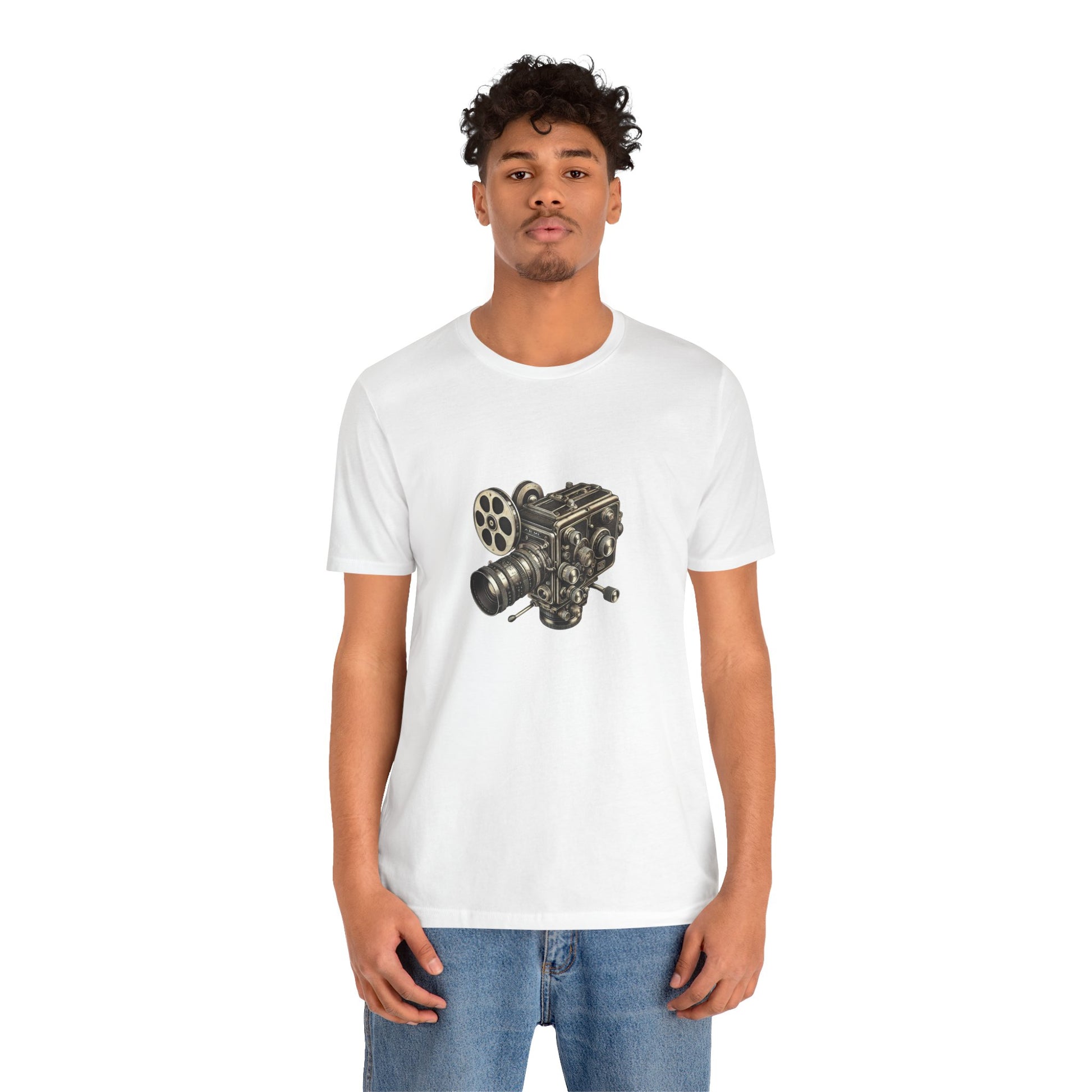 Man wearing white t-shirt with vintage 16mm camera design