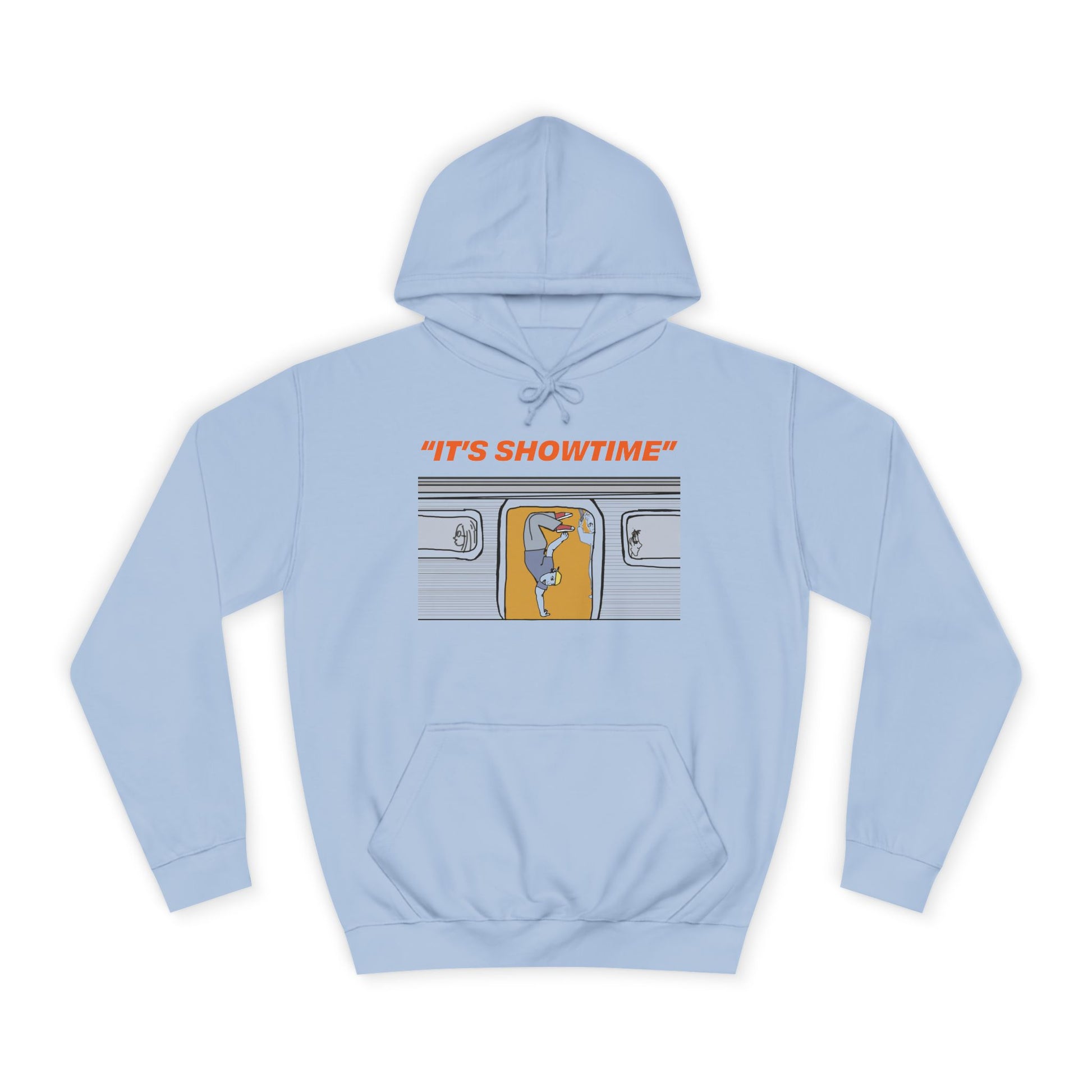 Light blue It’s Showtime Hoodie with subway performer artwork on front.