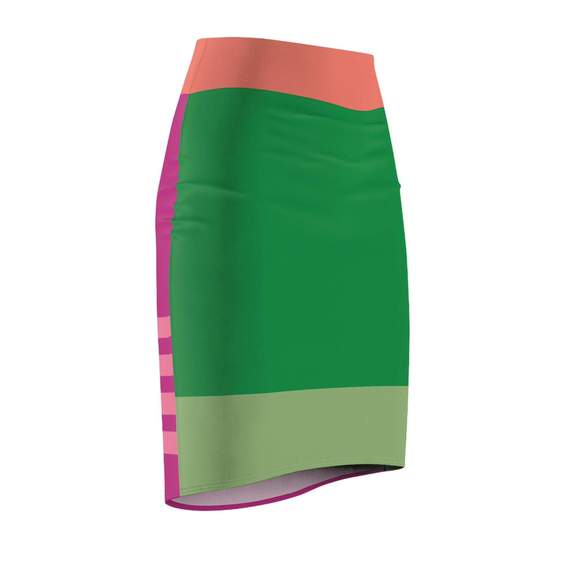 Side angle of color block pencil skirt with green and olive blocks and coral waistband