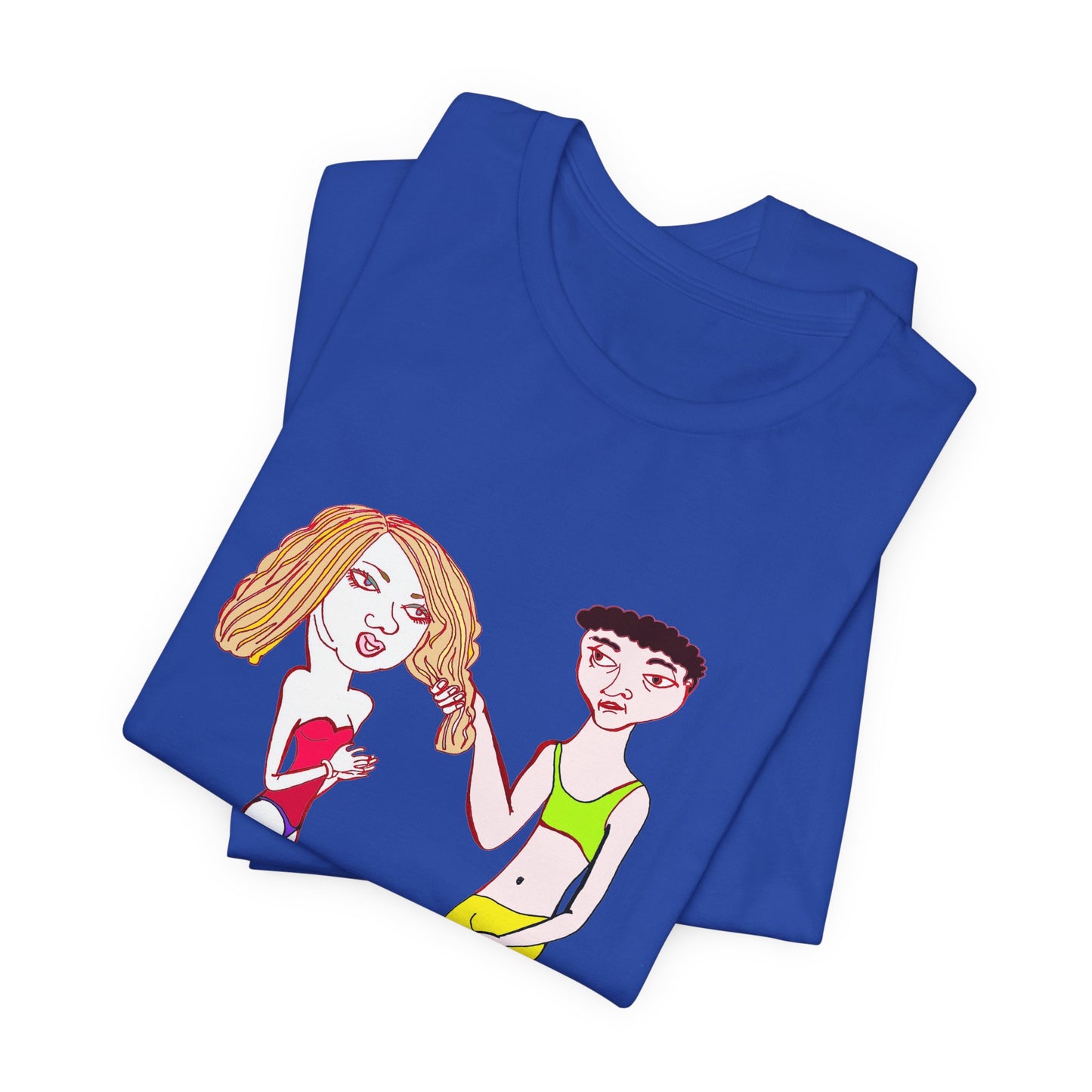 Pair of royal blue Charlotte and Van hand-drawn couple tees folded with design visible on top shirt.