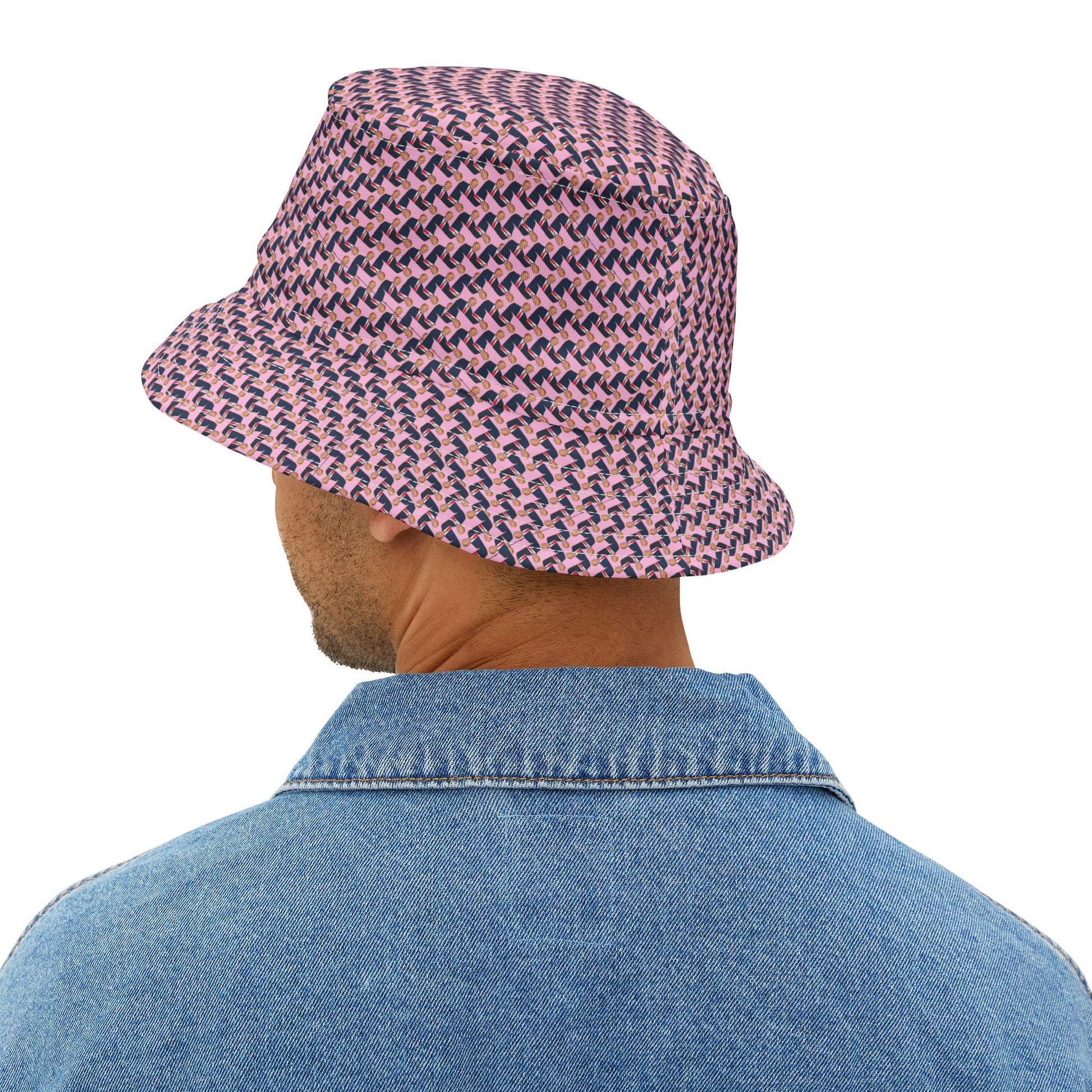 Back view of man wearing Donald Trump Bucket Hat showing red and blue design.