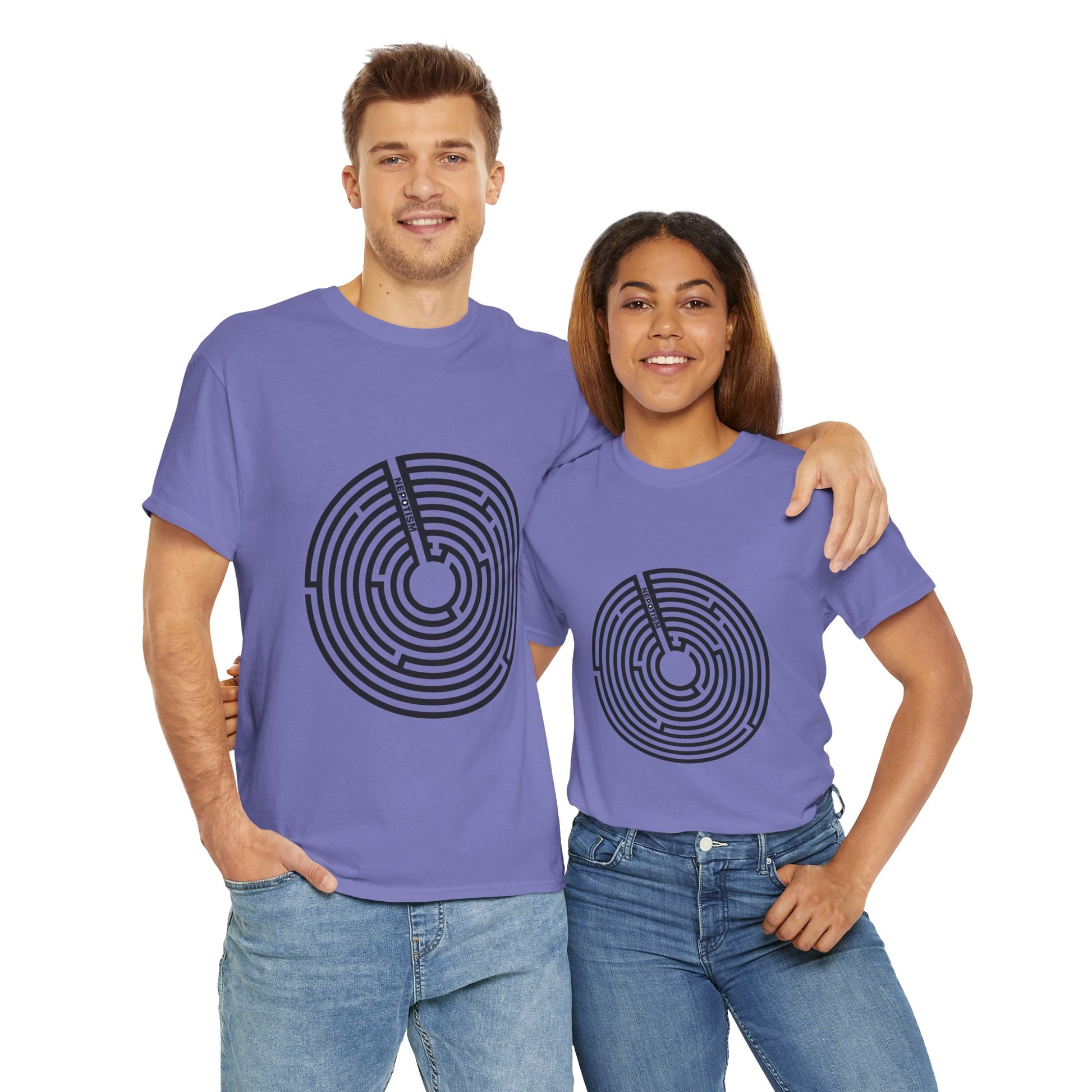 Two models styling purple Nepo T-Shirts with maze print