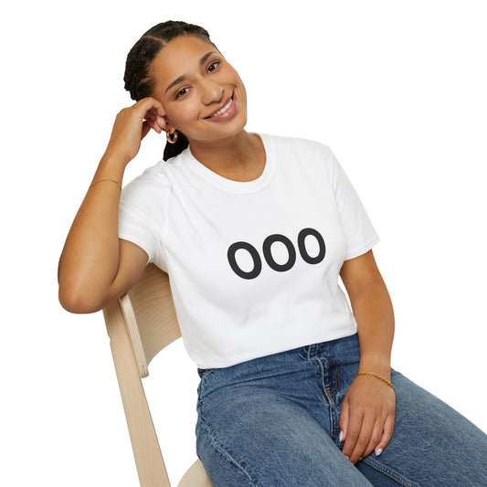 Woman sitting wearing white OOO T-shirt from Workers United Collection