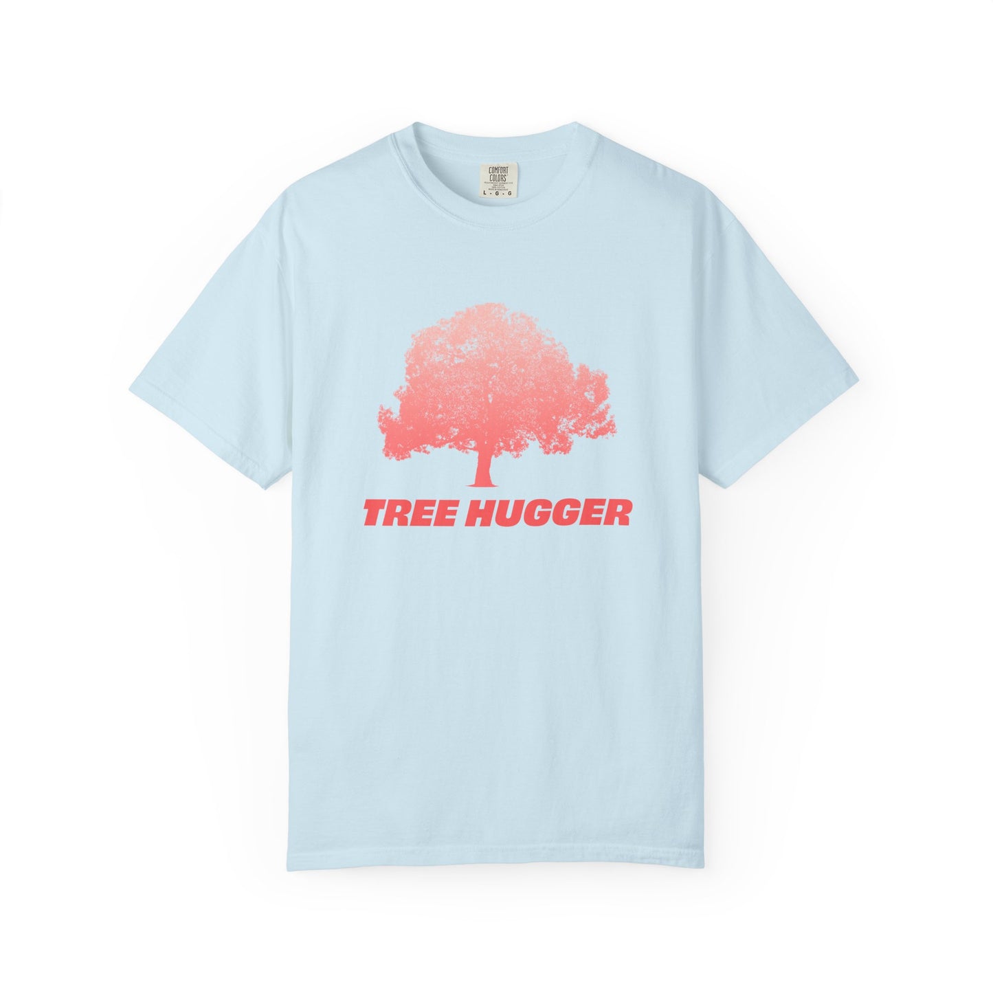 Light blue Tree Hugger T-shirt flat lay with red tree graphic