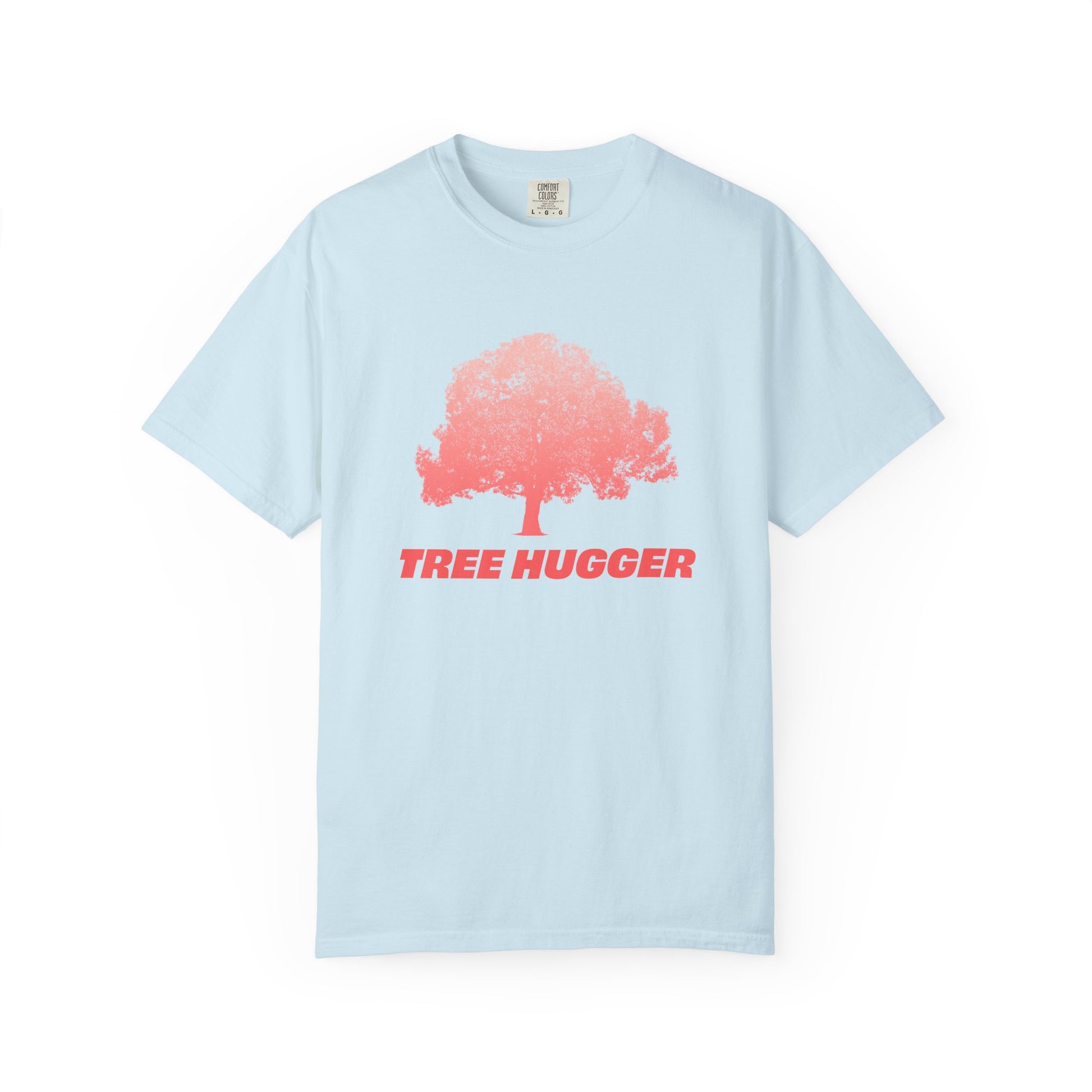 Light blue Tree Hugger T-shirt flat lay with red tree graphic