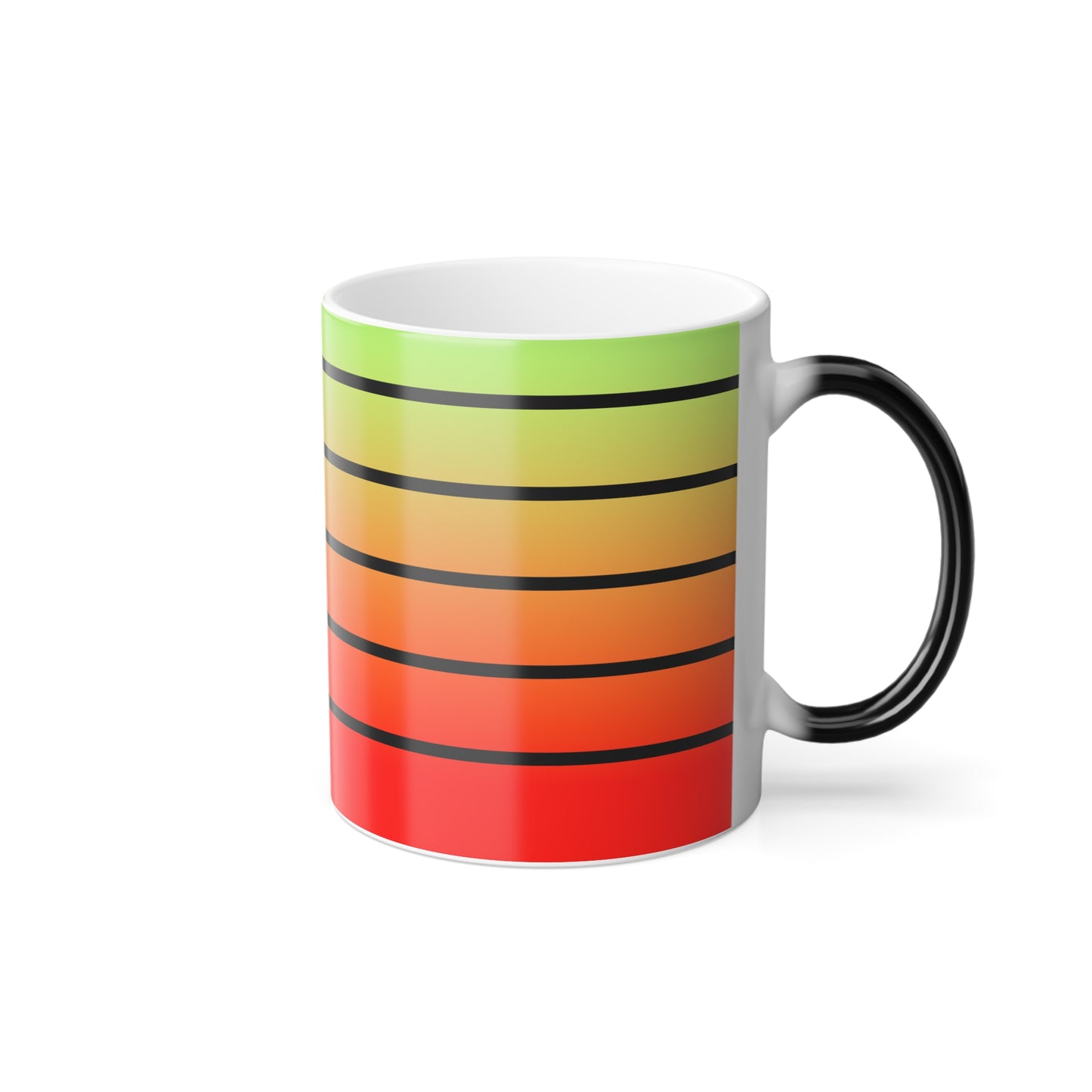 Side profile of Mood-O-Meter Magic Mug with visible green, orange, and red heat-revealed mood zones