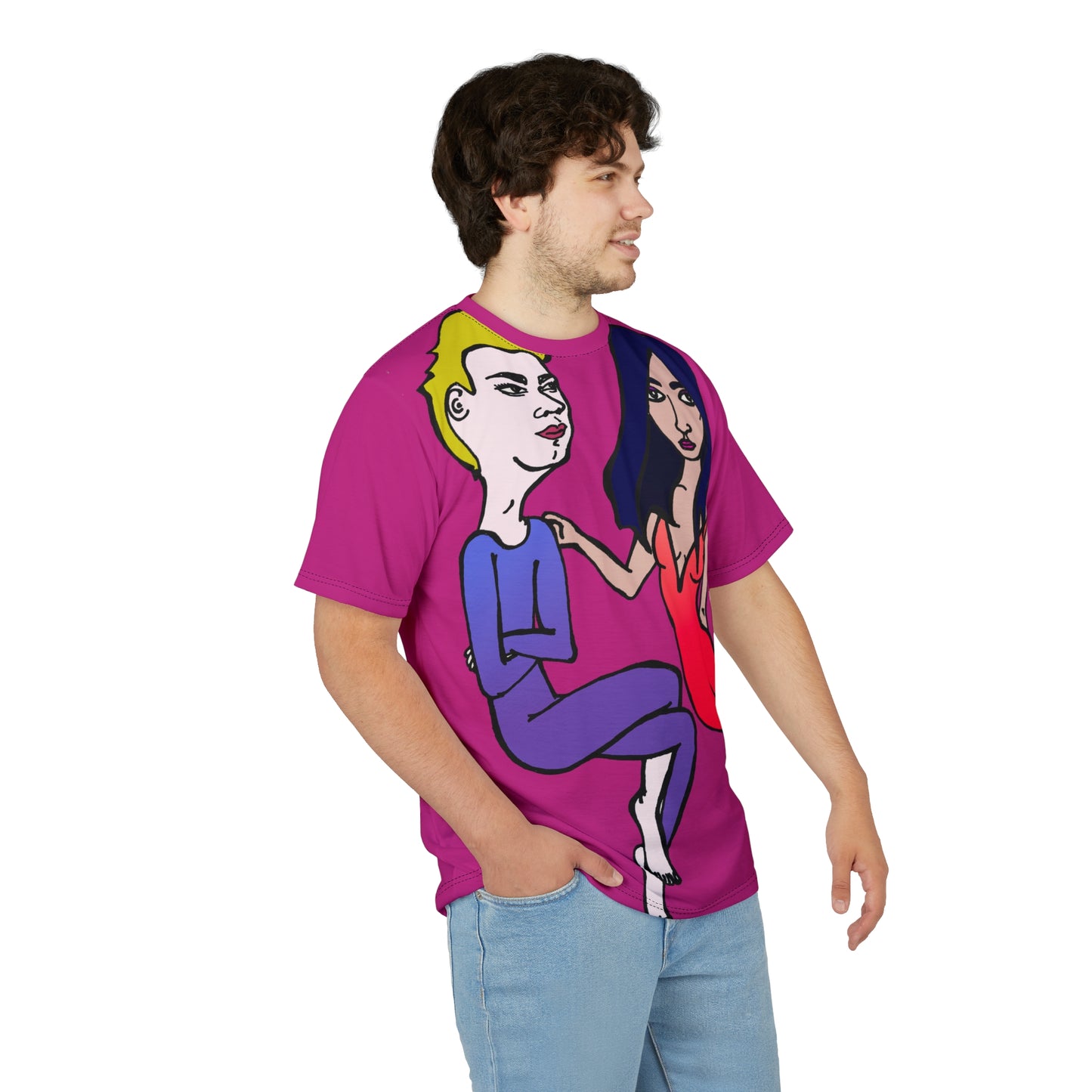 Male model wearing the Julia and Marcus hand-drawn couple tee from a side angle, showcasing the oversized fit and full graphic.