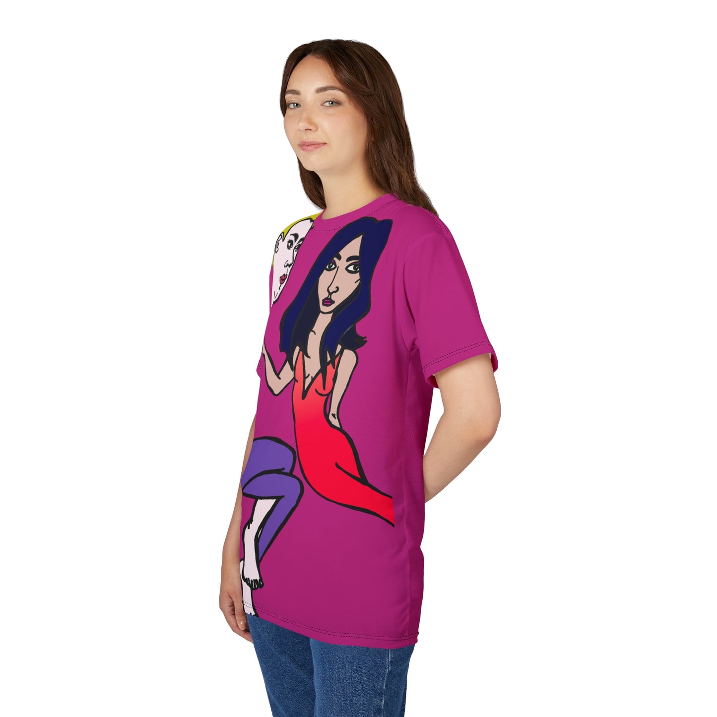 Female model wearing the Julia and Marcus Unisex T-Shirt, turned slightly to the side to reveal the shape and bold printed characters.